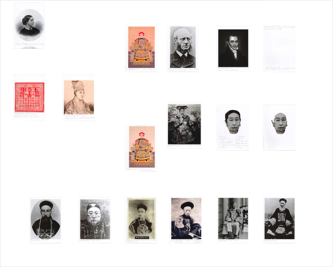 File Name: Birth_Cixi_Relationship_diagram_1.jpg Where: Department of Archive, Flushing Artists Society Archival photographs incorporated into a diagram of key historical figures related to the Empress dowager Cixi. Inspired by Institutional Critique and a rethinking of Conceptual Art, Birth I incorporates a performative aspect where I teach a history class in the exhibition space and explain my analysis to the audience drawing and making notations directly on the whiteboard.