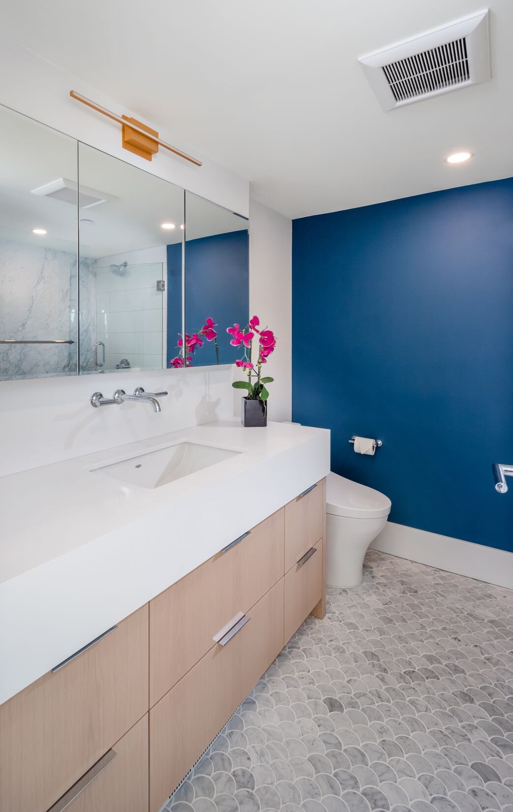 Bathroom, Countertops, Blue wall
