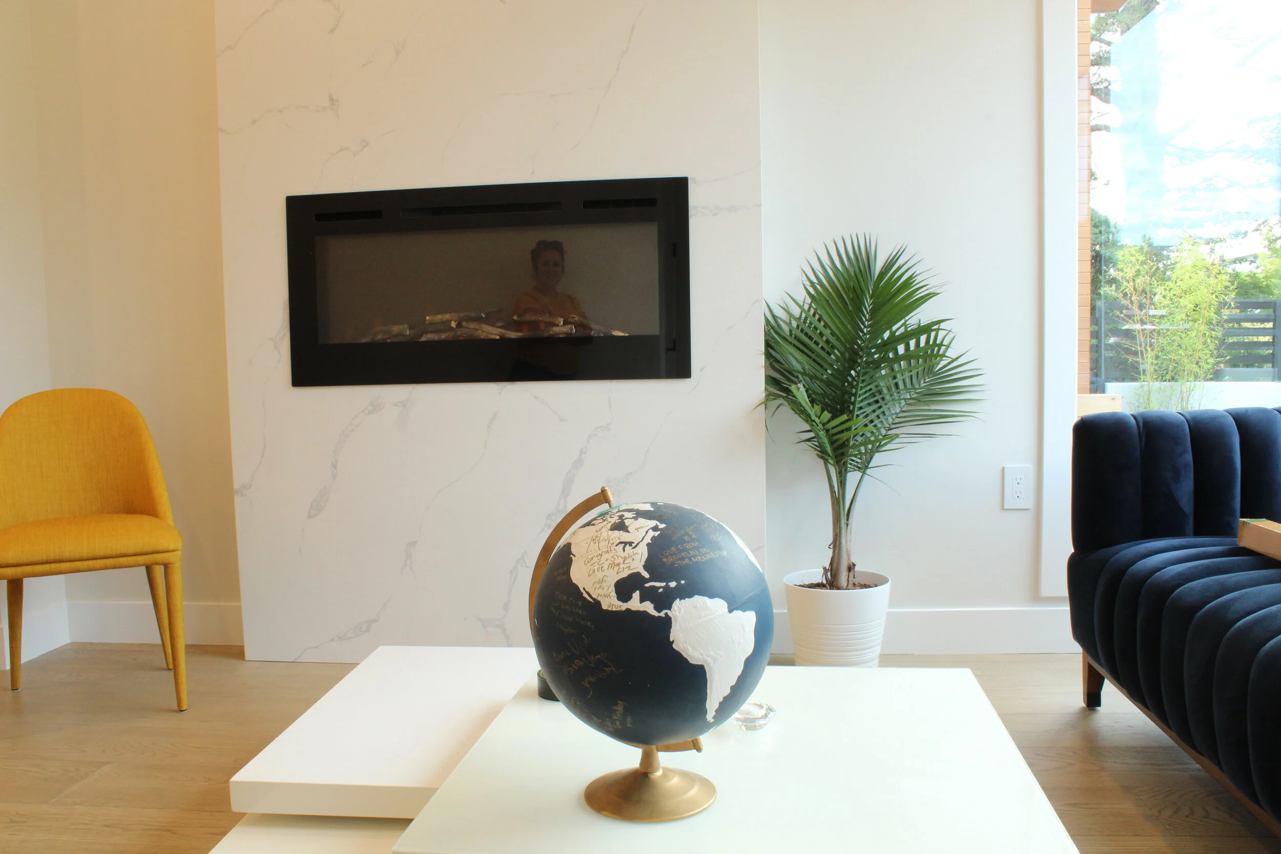 Living Room, Airy Concrete, Fireplace, Couch, Table