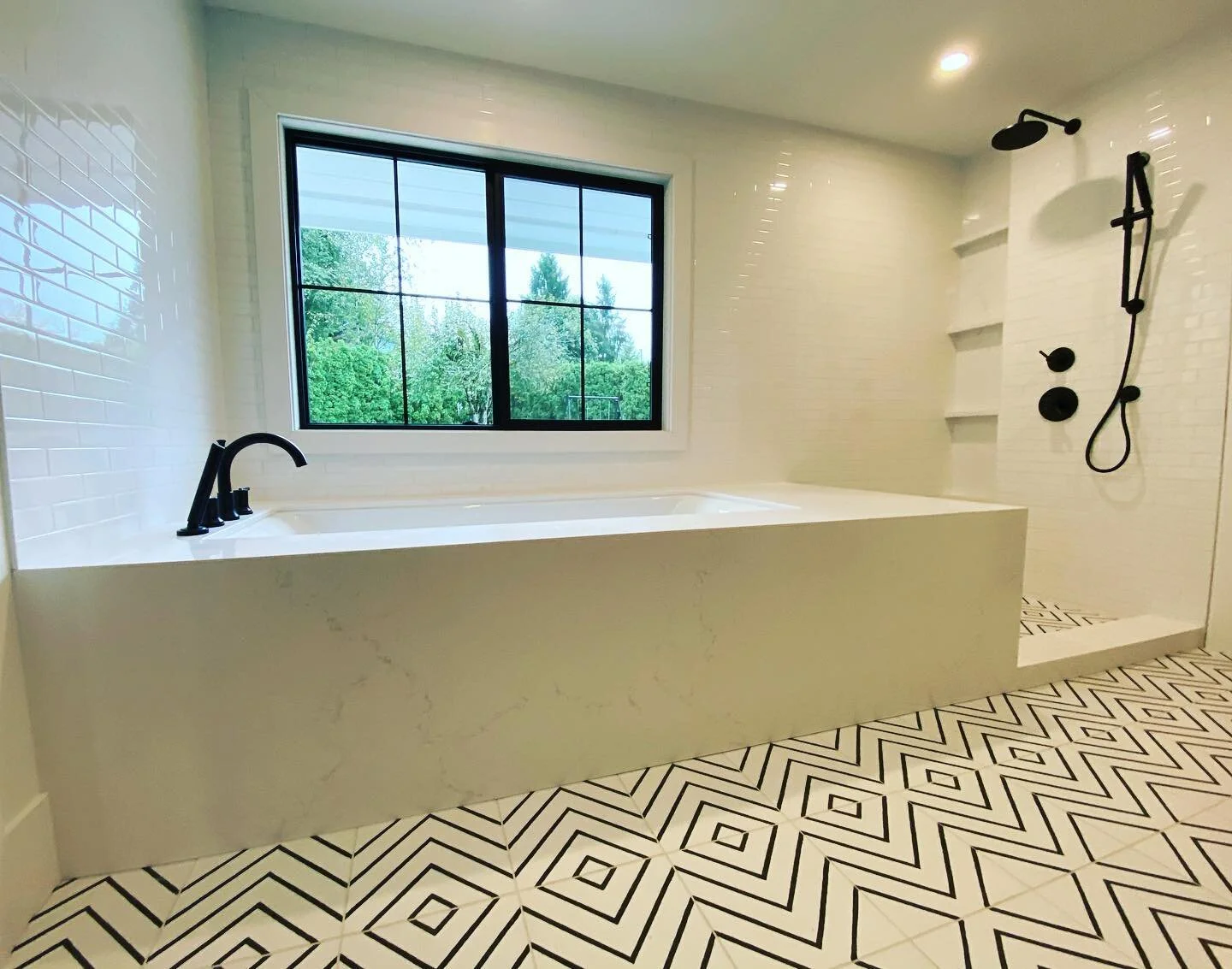 Dreamy Bathtub!! 🛁 
 
We are so proud on how this project came together. Tub deck surround with mitered edges and continued shower curb, plus a built-in shelf unit.  Fancy!!
 
Misterio from @vicostonecanada  
&thin