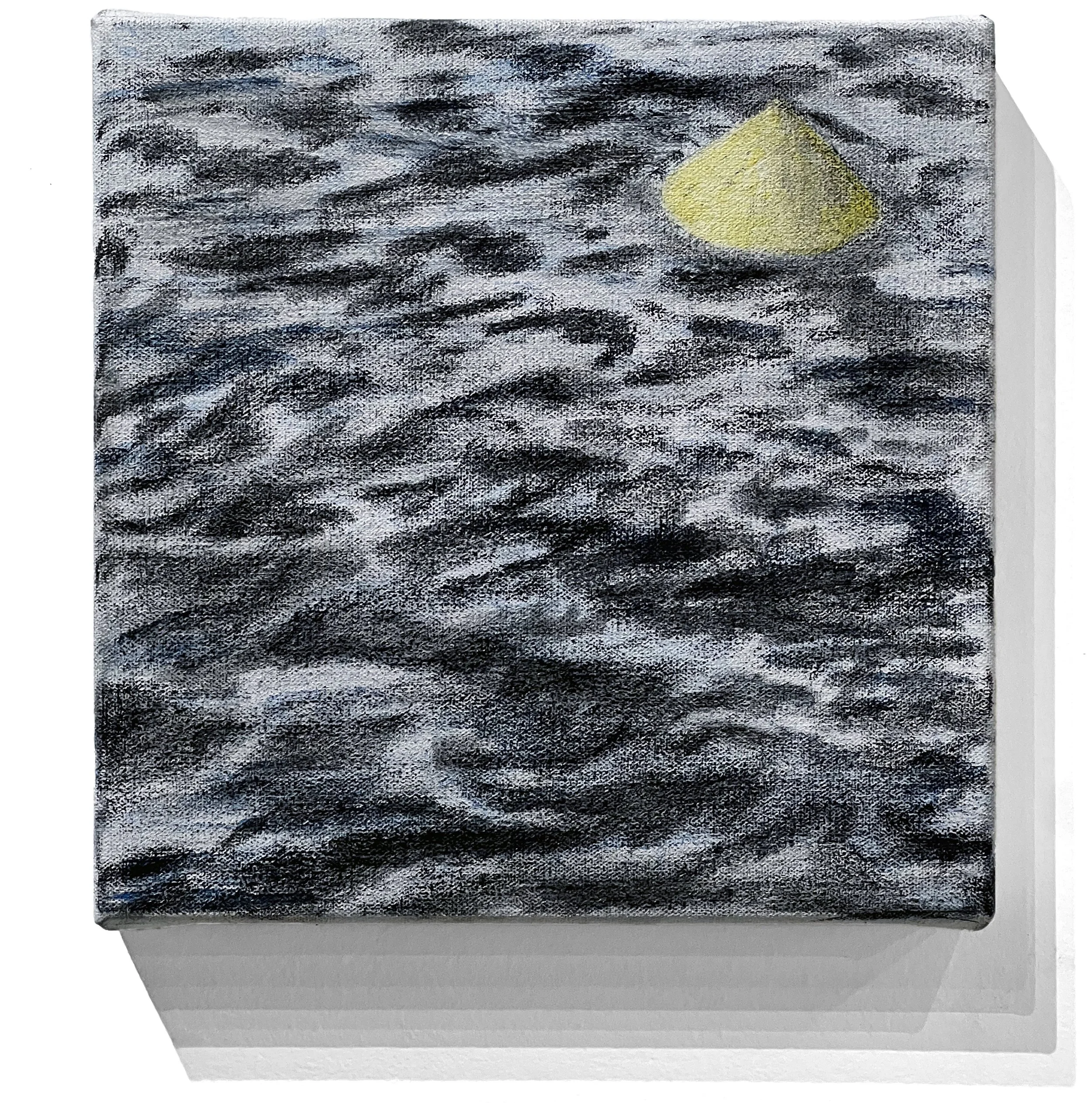  Mất Mát Trên Dòng Nước (Lost on the Water), 2023. Charcoal and watercolor on canvas, 10 x 10 in. 