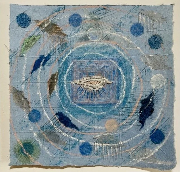  Helen C. Frederick, Storms Continue, 2023. Blue jean paper with pastel and pencil, 10 x 10 in. 