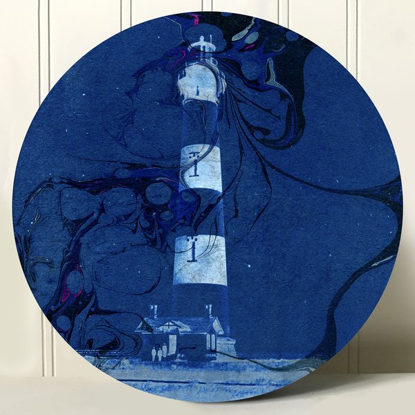  Marty Ittner,  Sentinel Series: Nag's Head 1 , 2020. Cyanotype, marbled paper and encaustic, 10 in. diameter. 