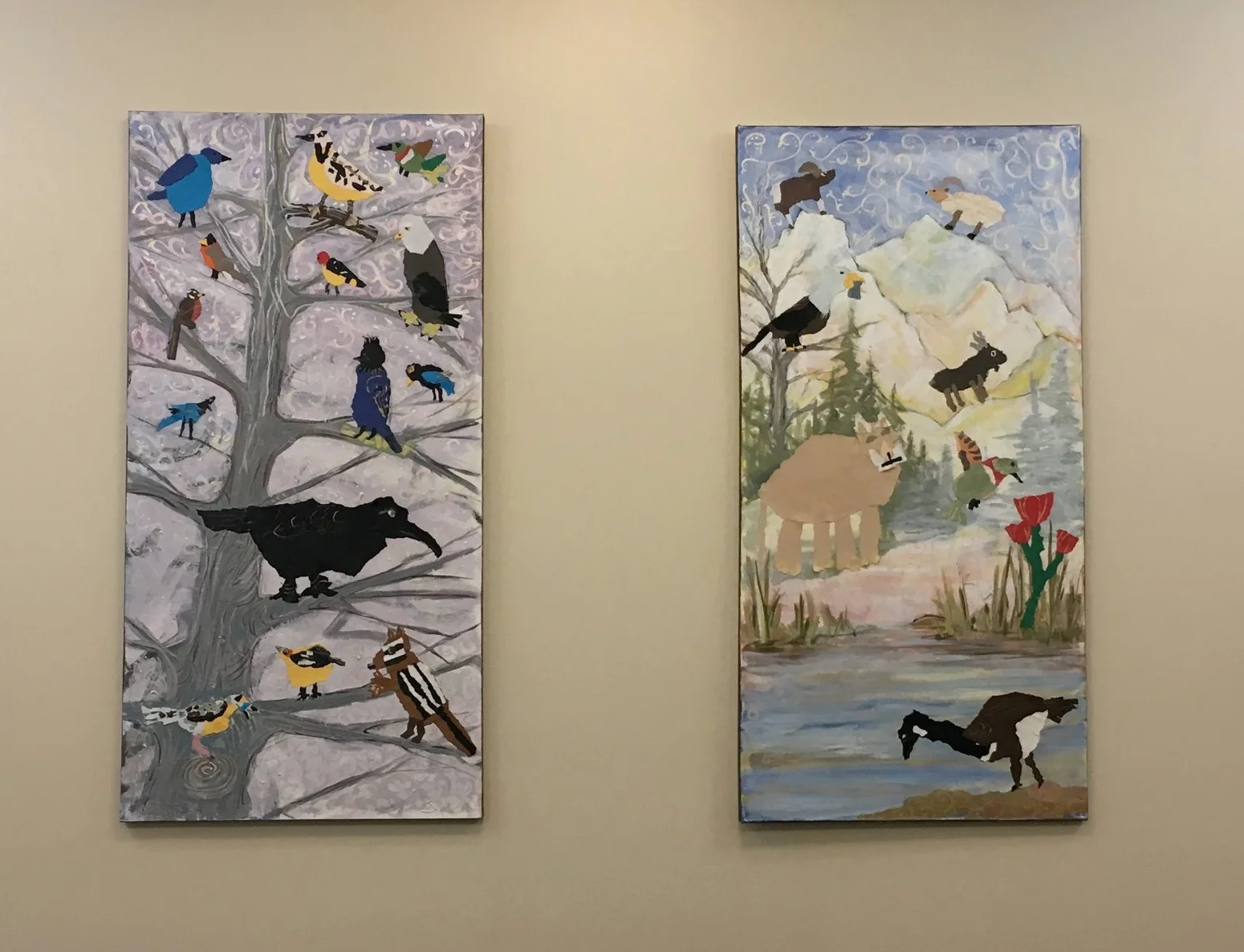 Bird Tree and Alpine Habitat installed Student collages and acrylic painting on canvas Each 24" x 49"