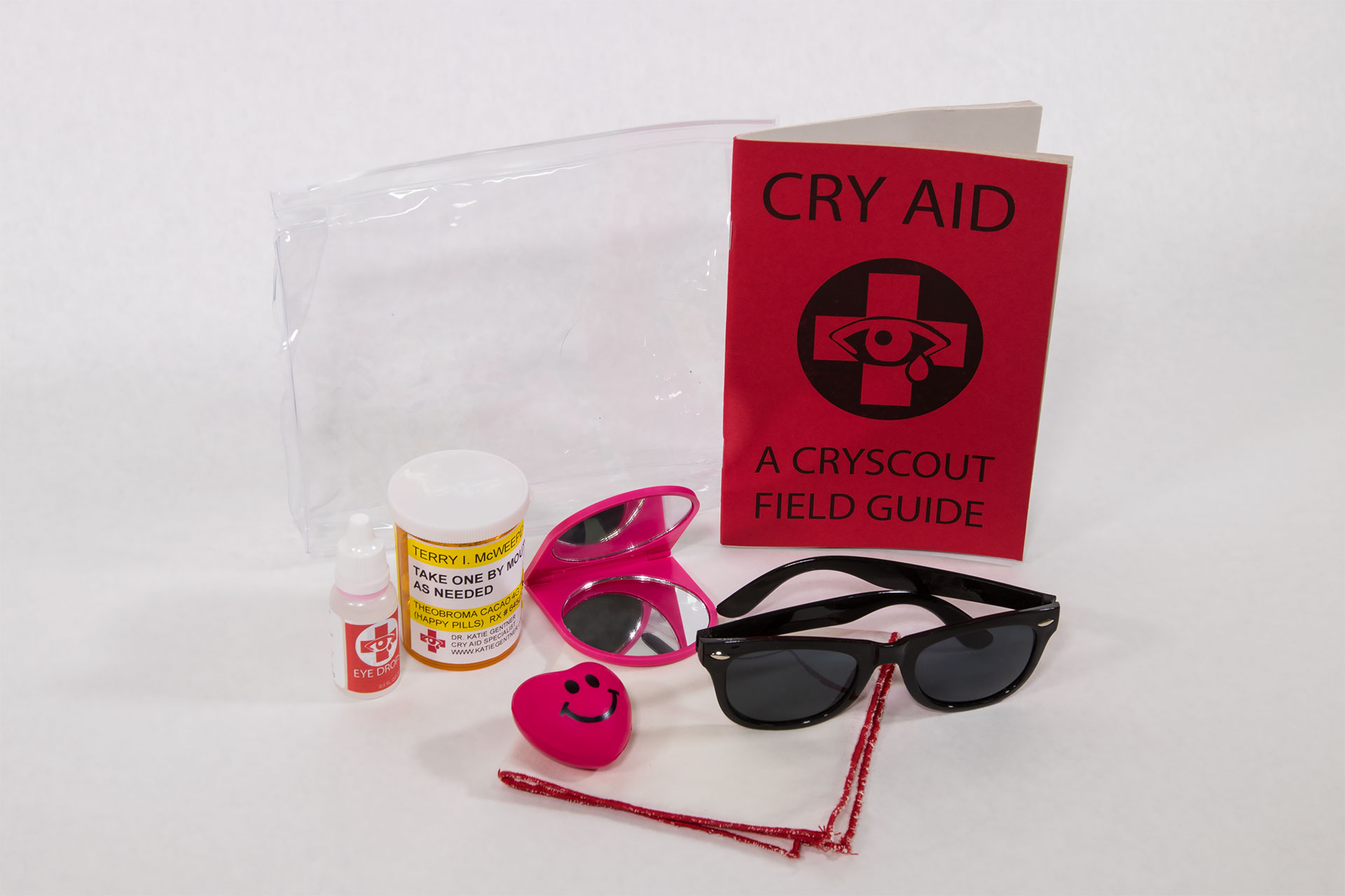   Cry Aid Kit   Cry Aid Field Guide, hankie, happy pills, eye drops, hand mirror, sunglasses, stress ball, carrying case.  6" x 7.5" x 2"  2017   $29.99 &nbsp; Available on Etsy  