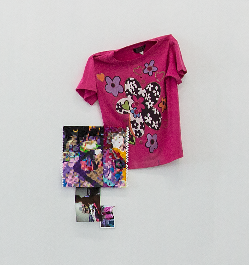 Are you Her? shirt, plastic beads, photographs 30” x 24” x 2” 2017