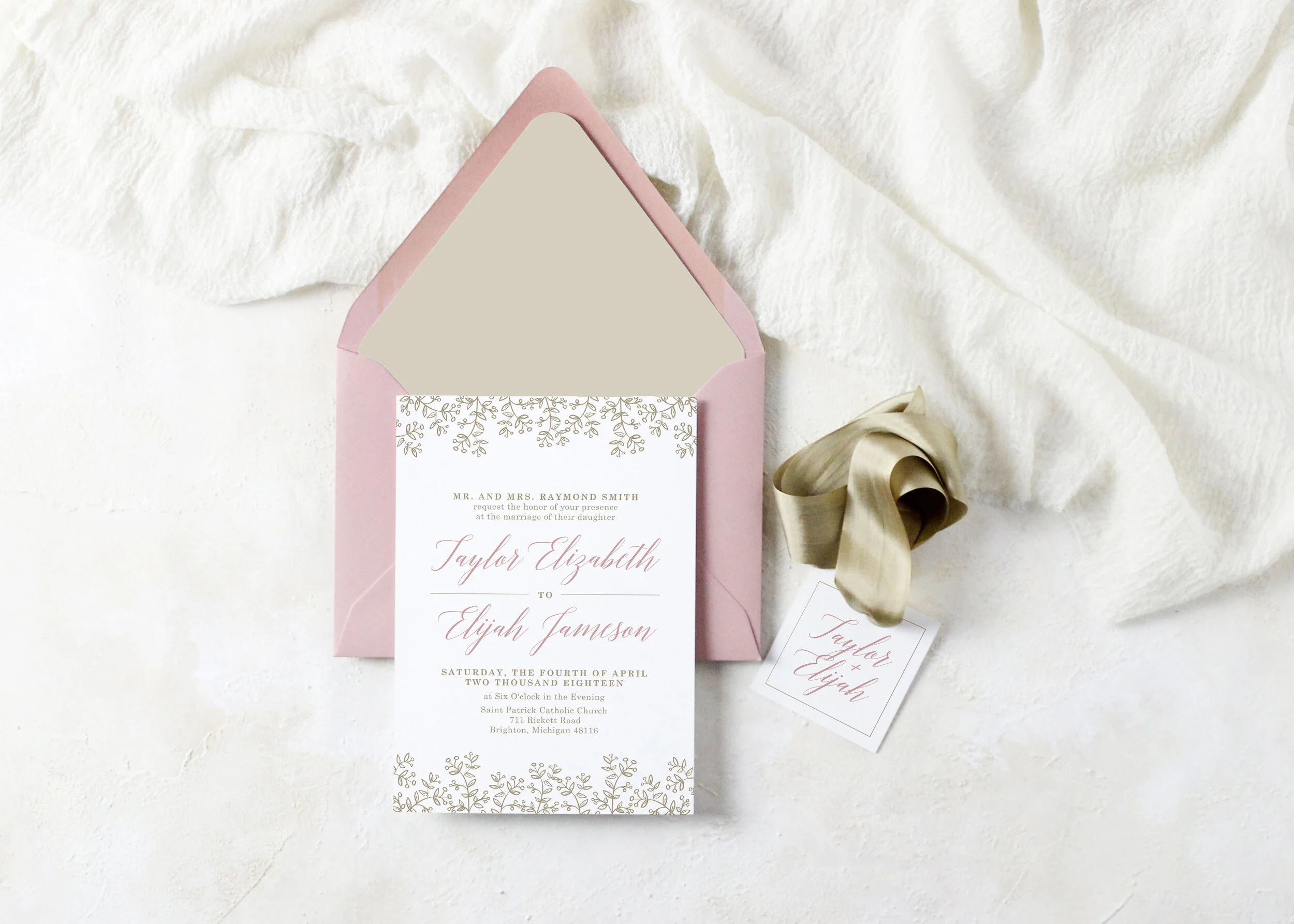Taylor - Rustic Floral Dusty Rose and Gold Wedding Invitation