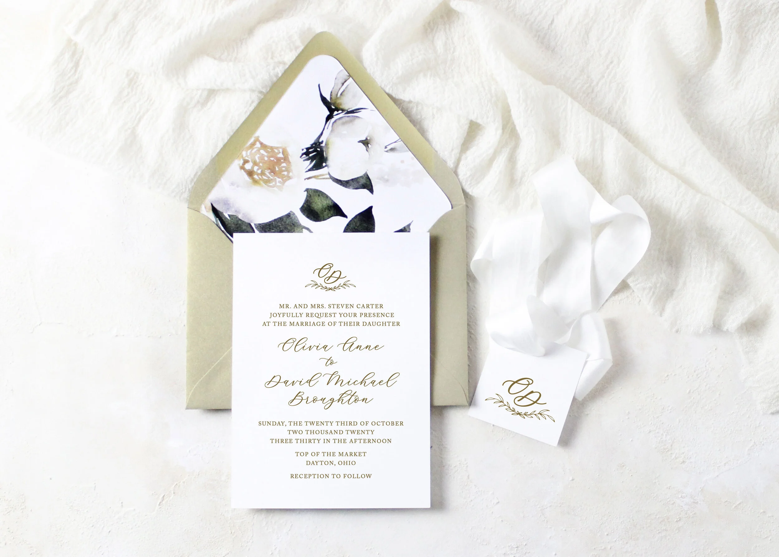 Olivia - Neutral Floral Classic Monogram Wedding Invitation