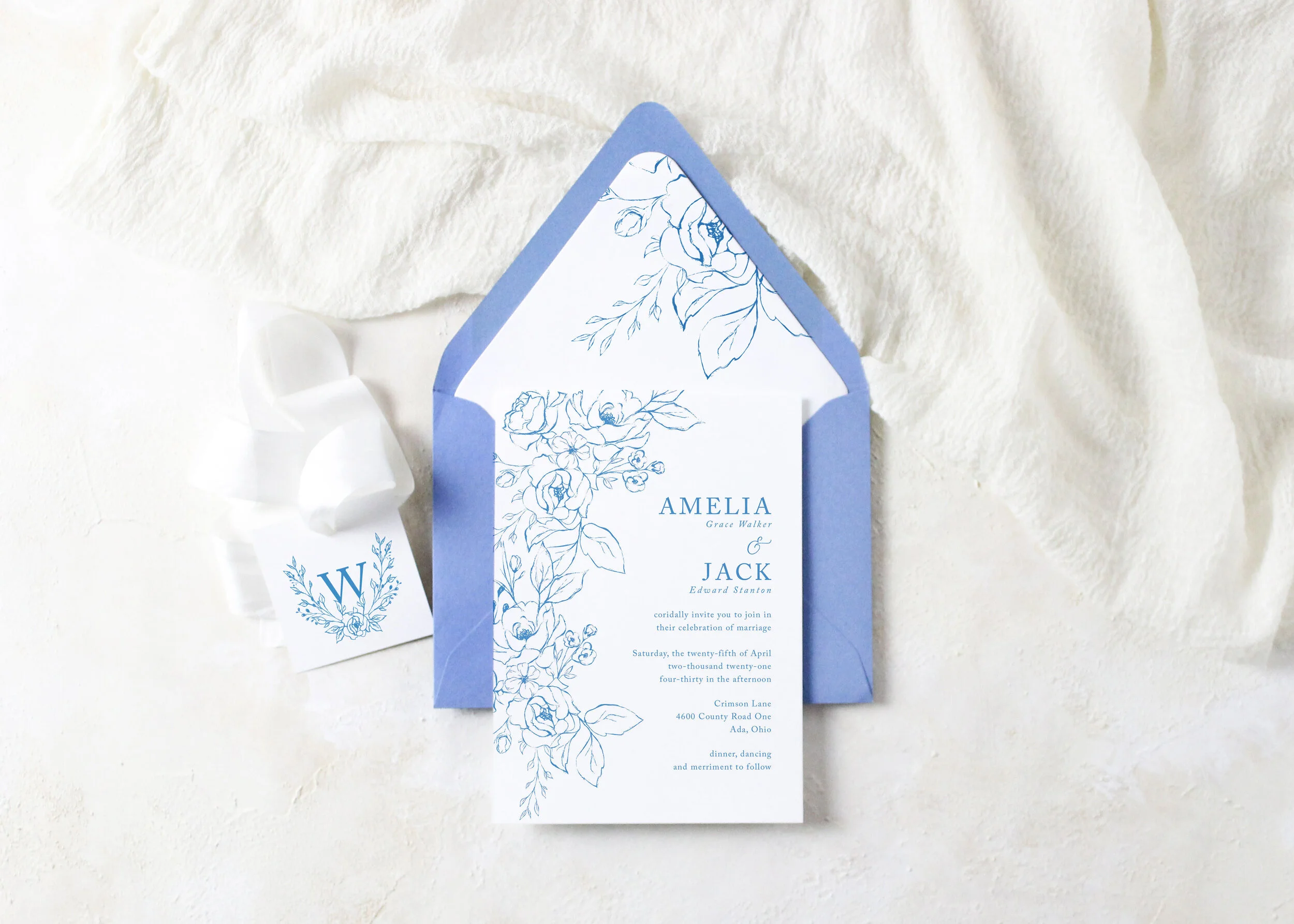 Amelia - Classic Monochromatic Floral Wedding Invitation