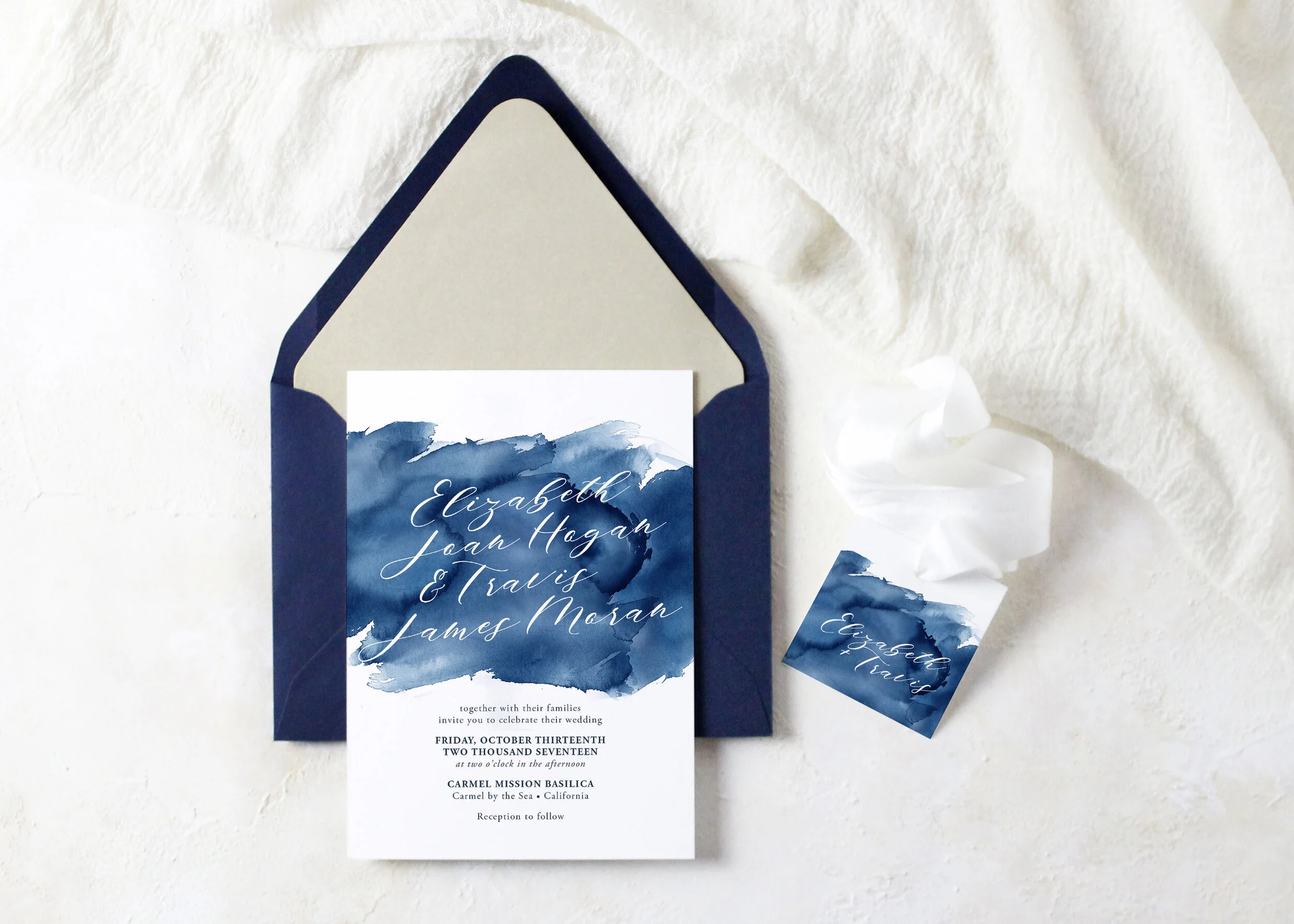 Elizabeth - Calligraphy Style Blue Watercolor Wedding Invitation