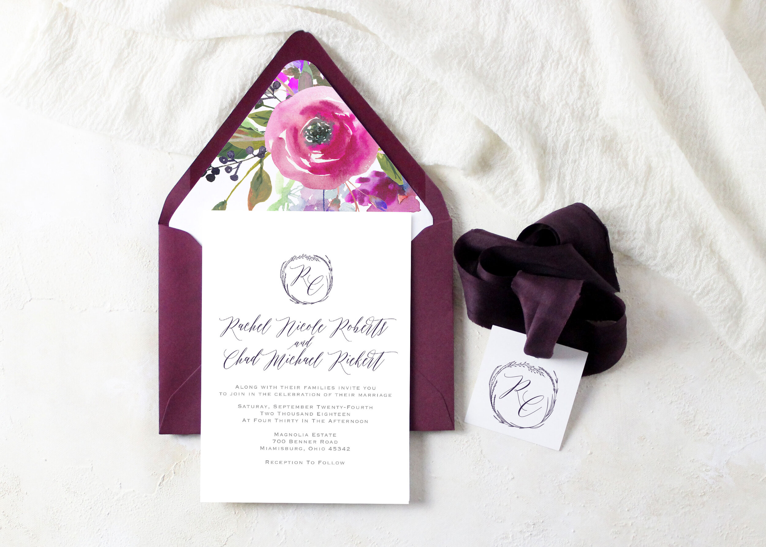 Rachel - Modern Script Boho Monogram Wedding Invitation