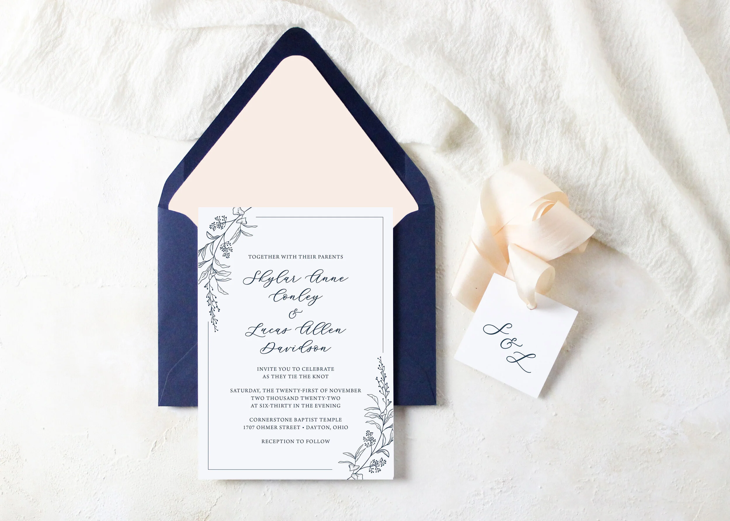 Skylar - Preppy Navy and Blush Wedding Invitation