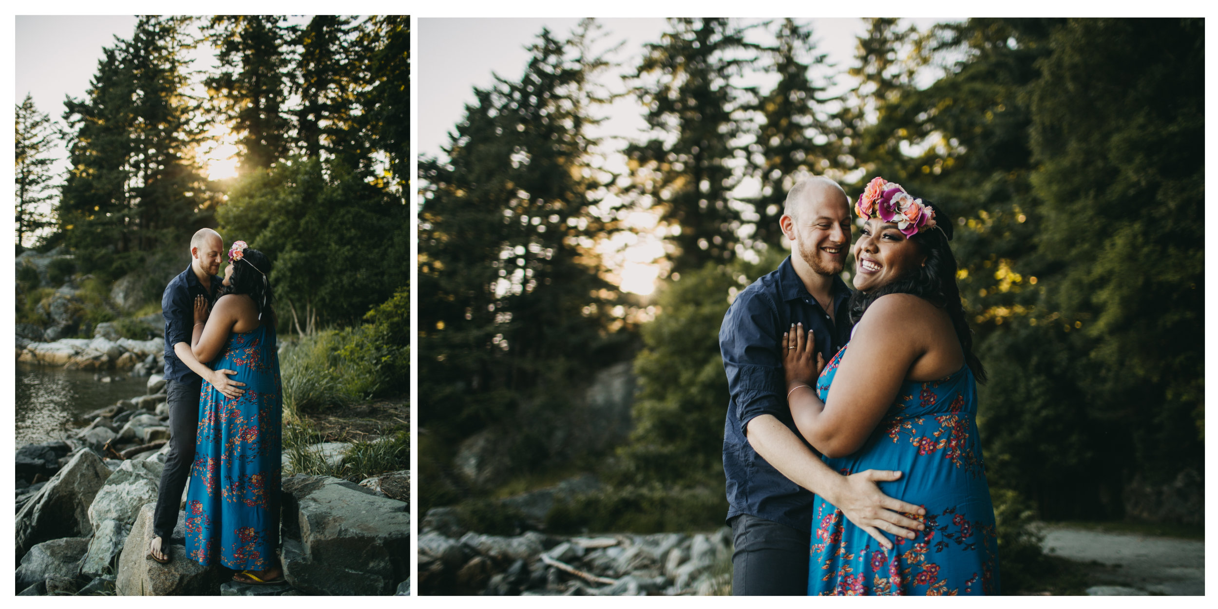 trees beach sunset couple engagement whytecliff park