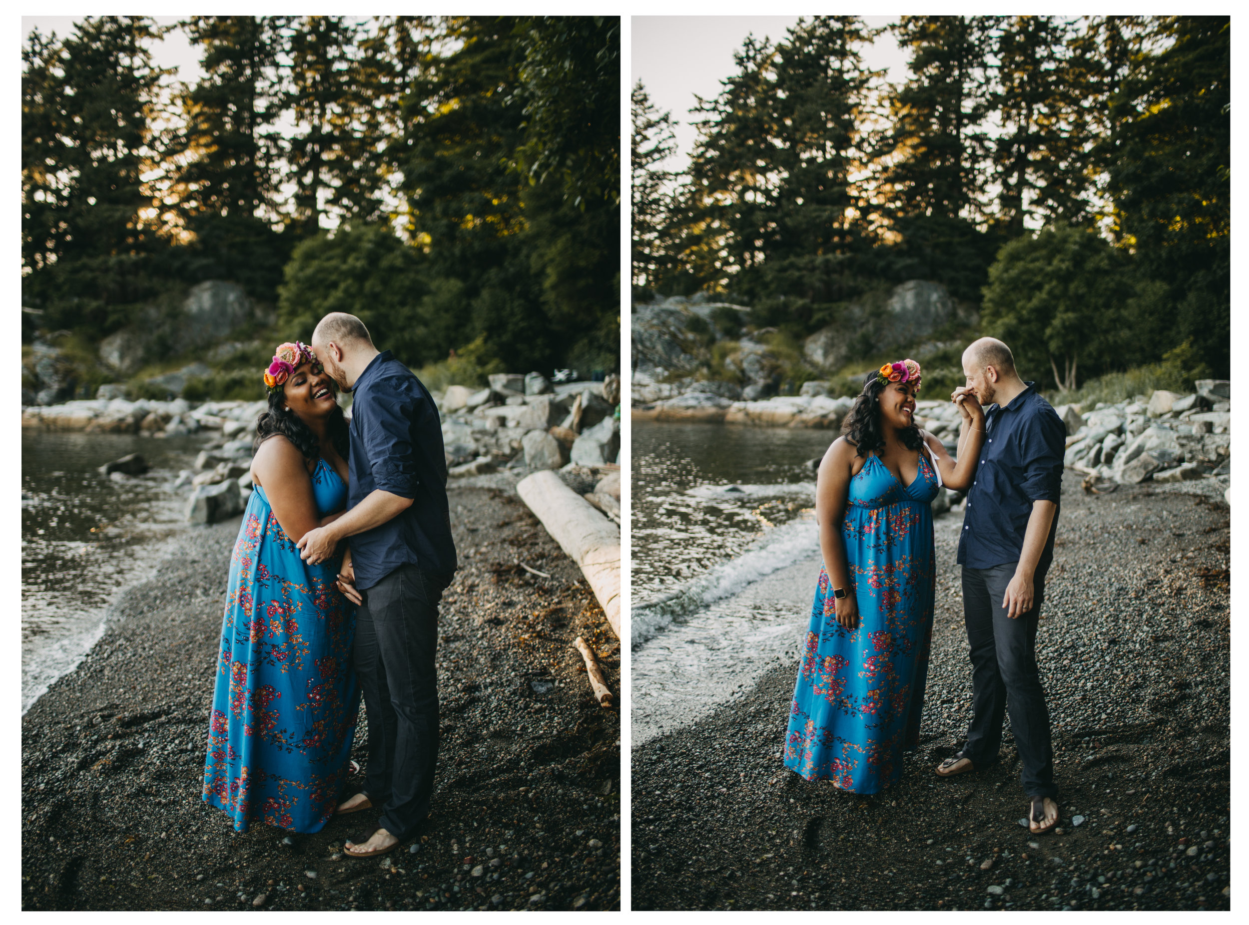 bride groom beach sunset holding hands hug engagement whytecliff park