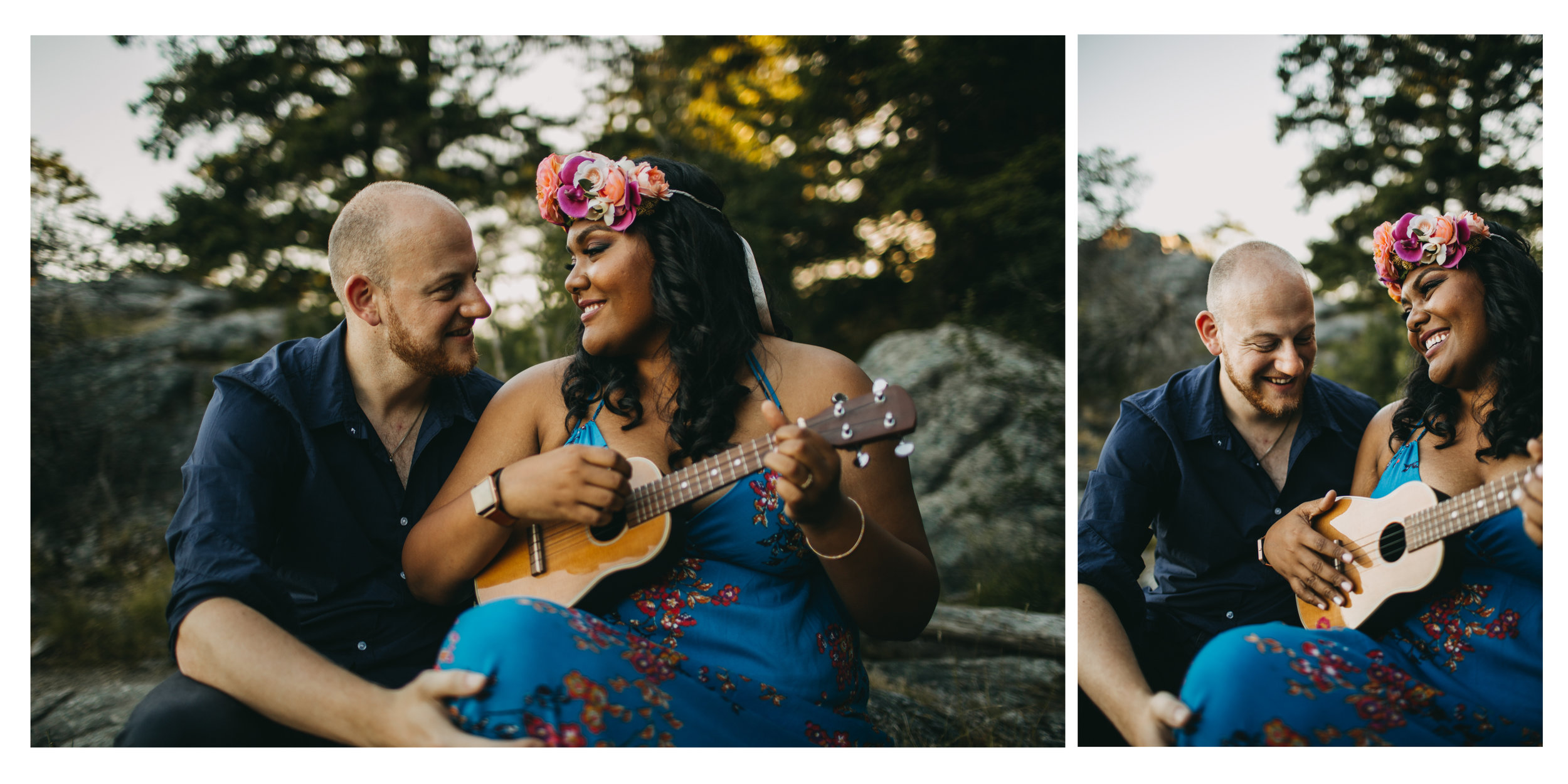 couple laugh ukulele sunset beach trees engagement whytecliff park