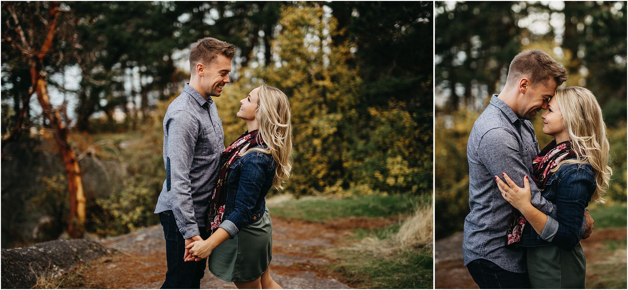 fall colours leaves trees man and woman holding hands hugging