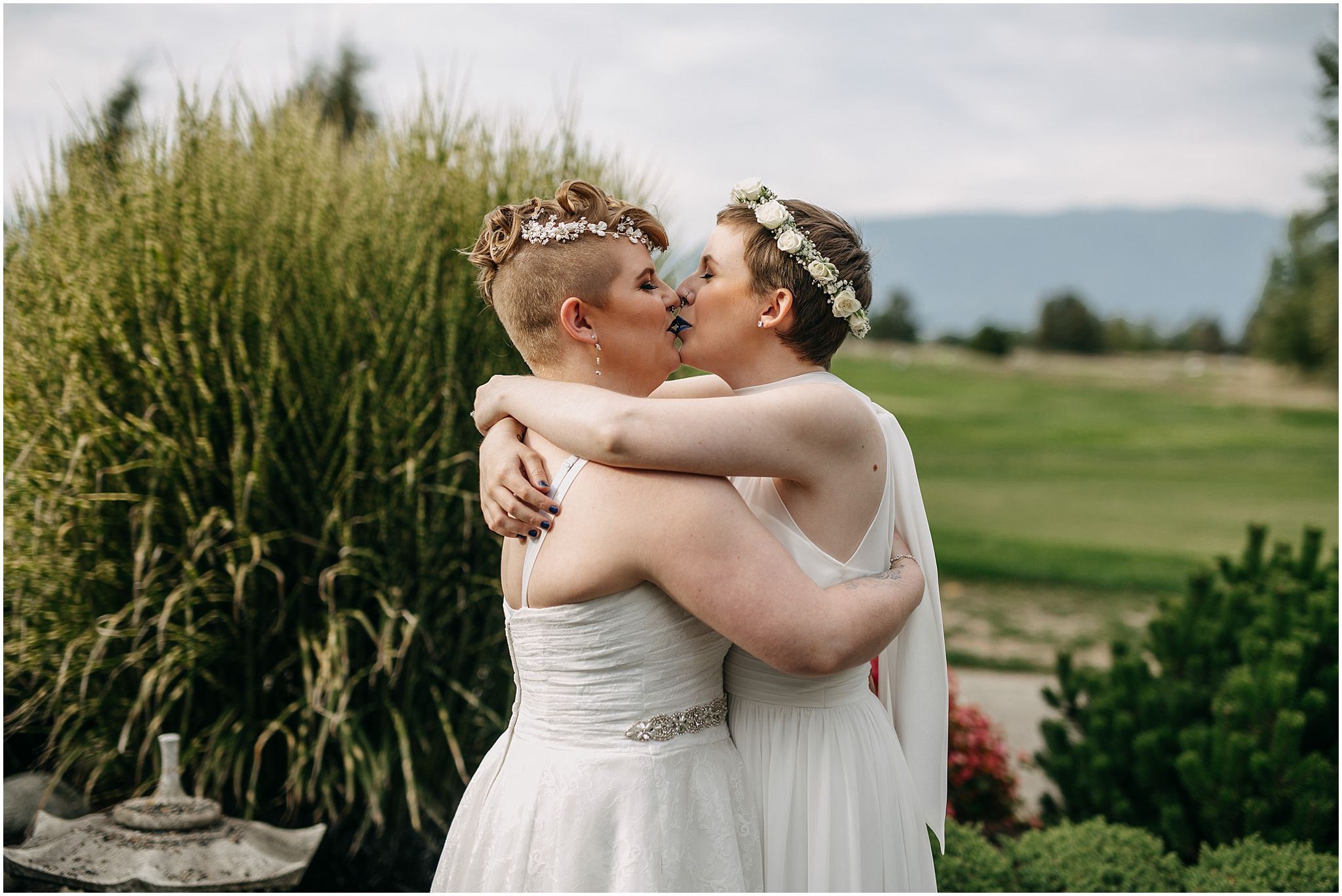 same sex couple kiss first look pitt meadows wedding