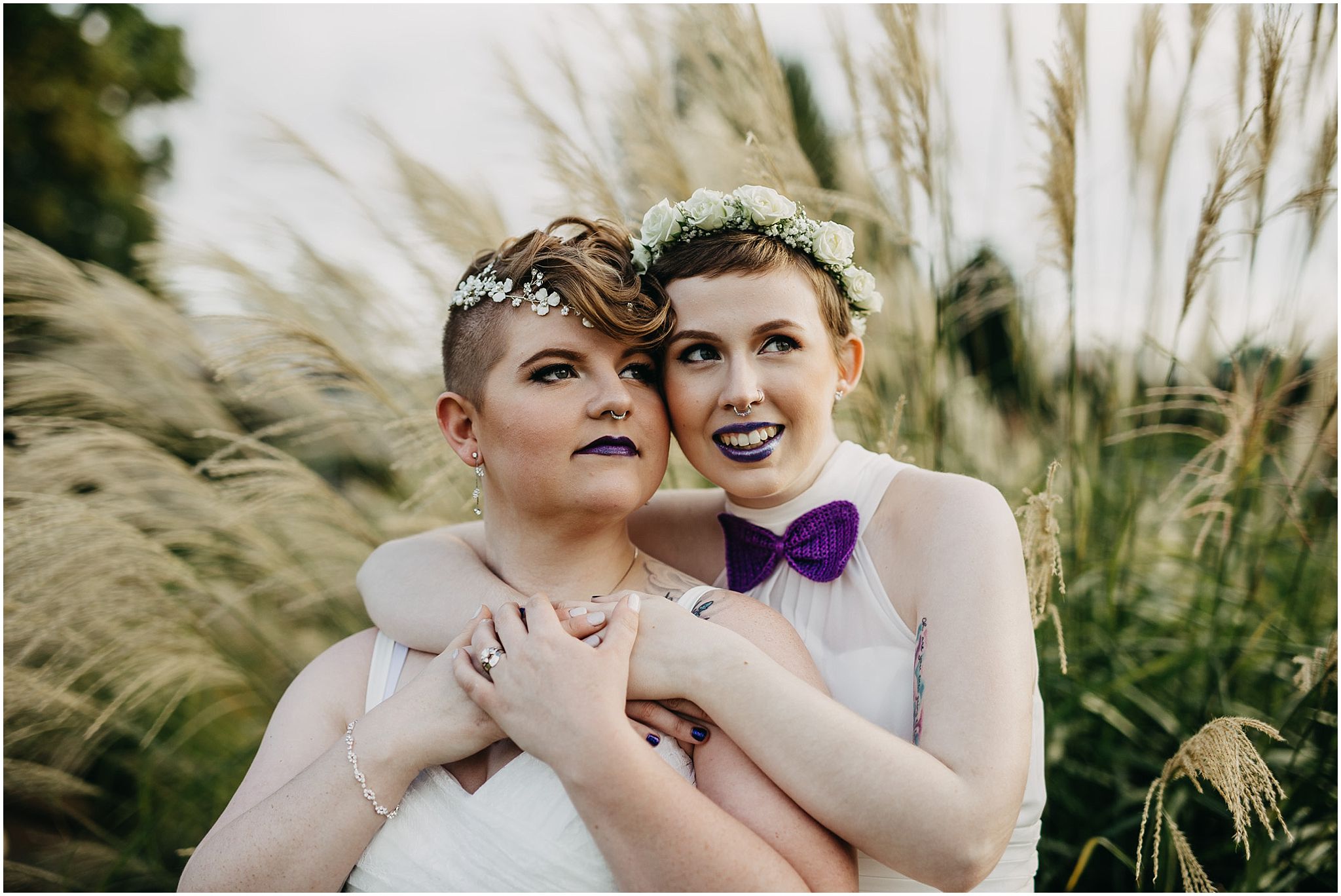 same sex couple wedding portrait flower crown outdoor wedding