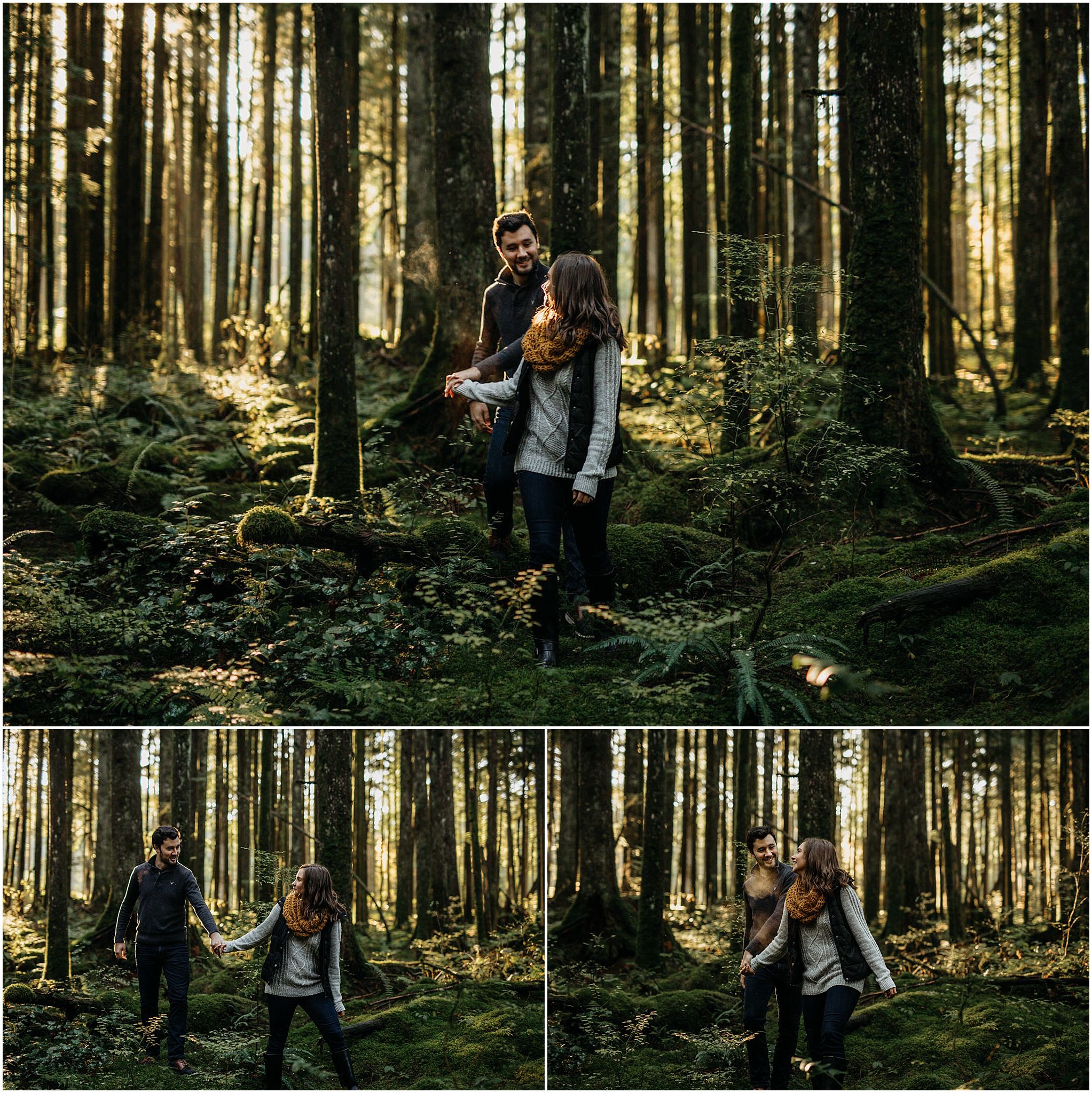 couple holding hands walking forest mossy sunshine engagement