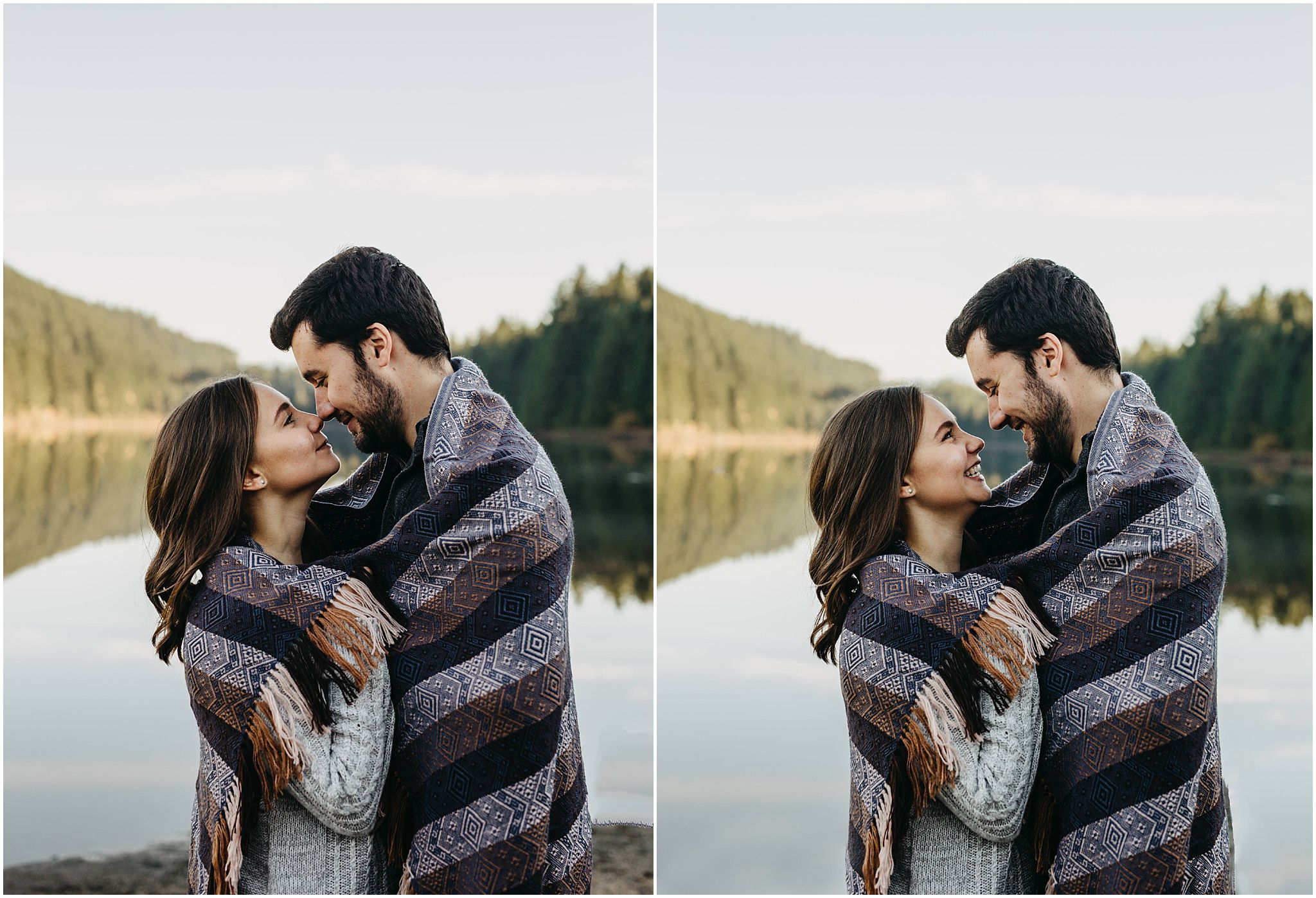 couple wrapped up in blanket fall engagement session lake reflection