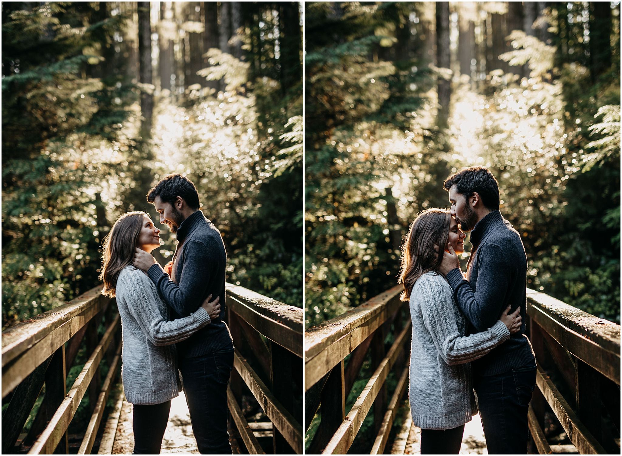 couple kiss on bridge sun shining through forest 