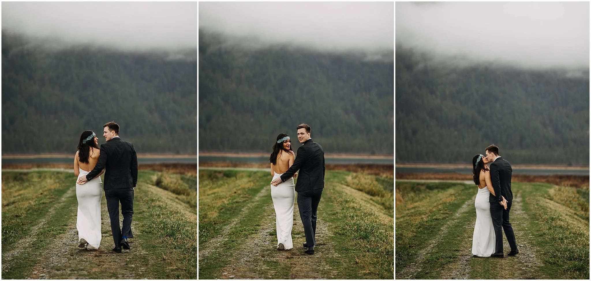 couple walking away looking back pitt lake engagement pnw