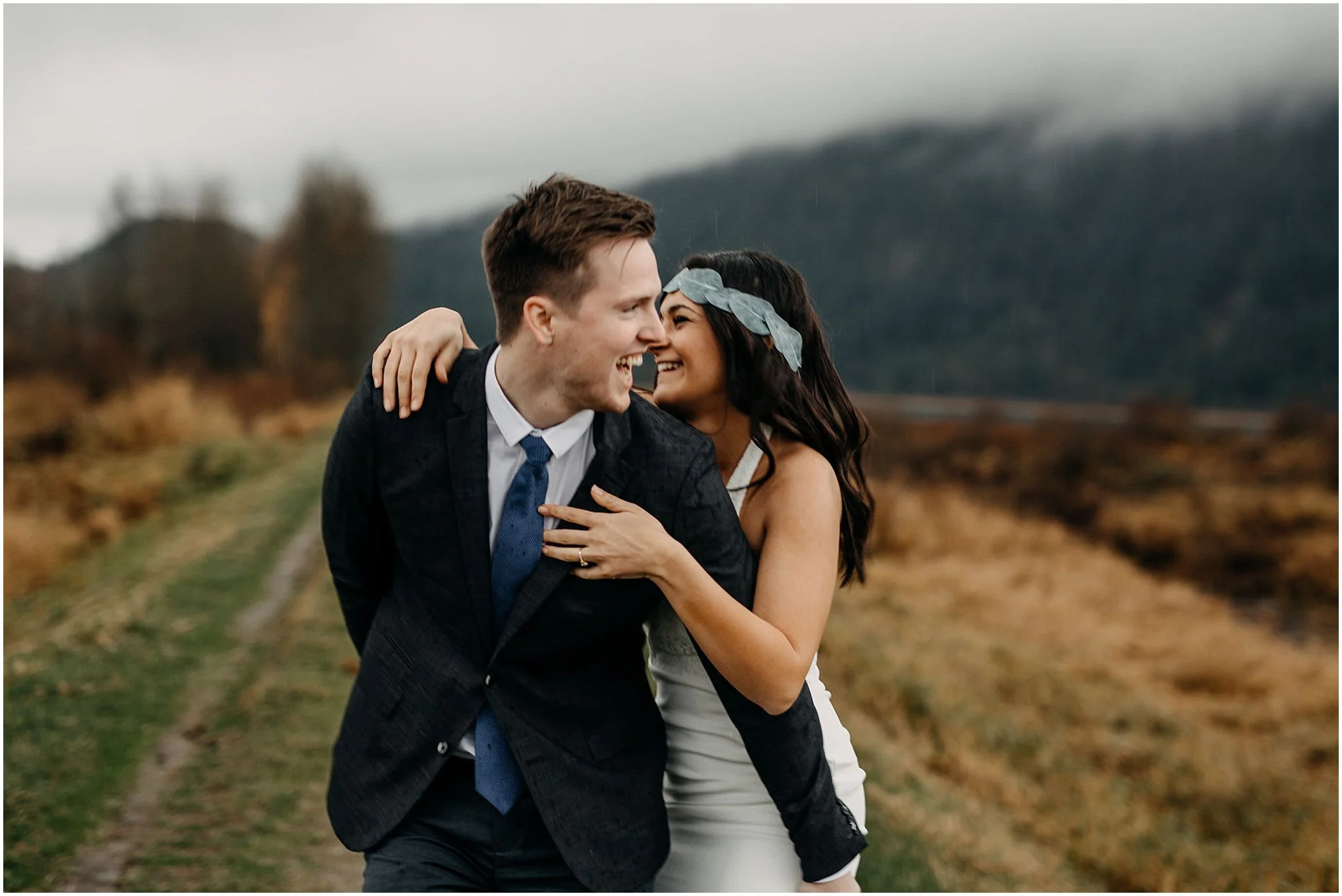 couple candid piggyback movement action pitt lake engagement