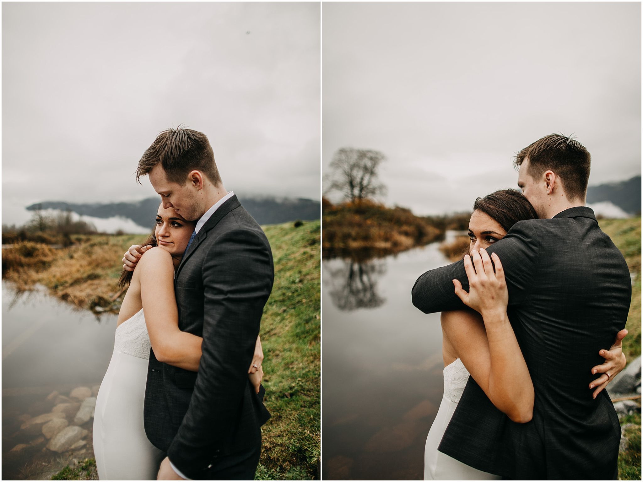 couple bear hug engagement pitt lake intimate moment