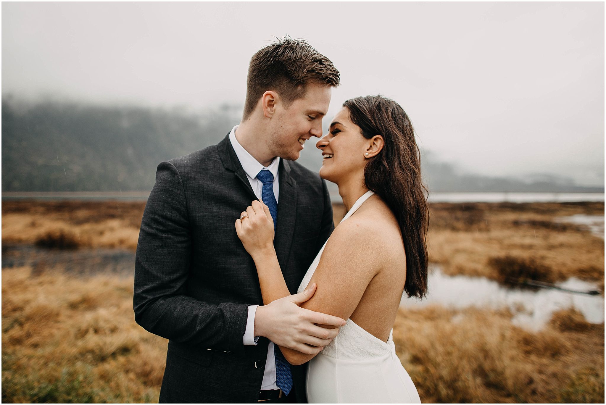 romantic moment between bride and groom pitt lake