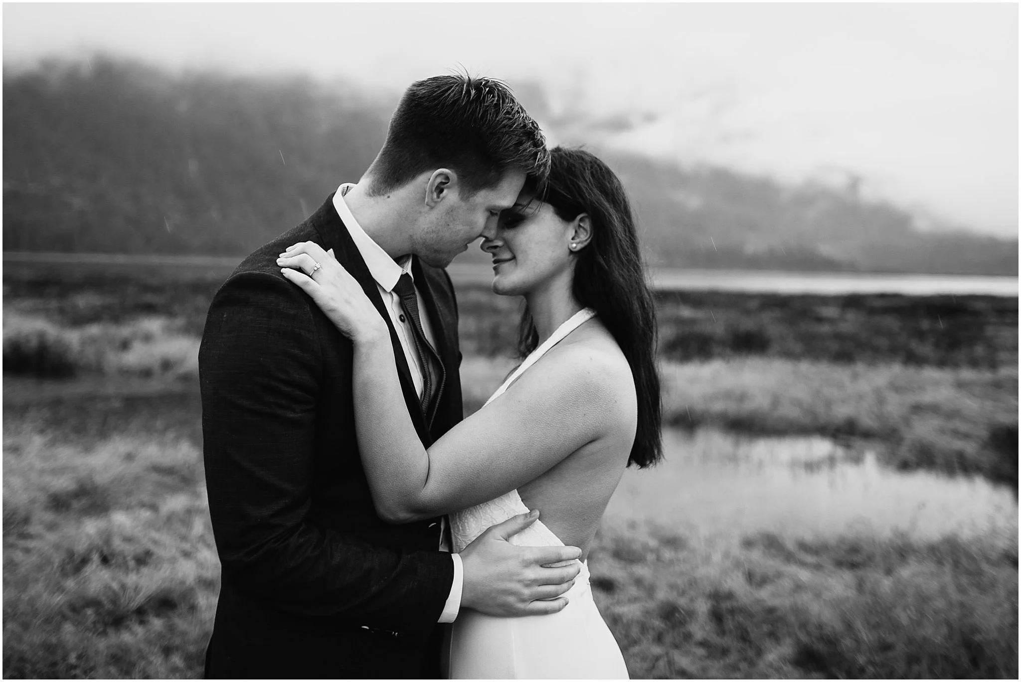 romantic moment between bride groom at pitt lake