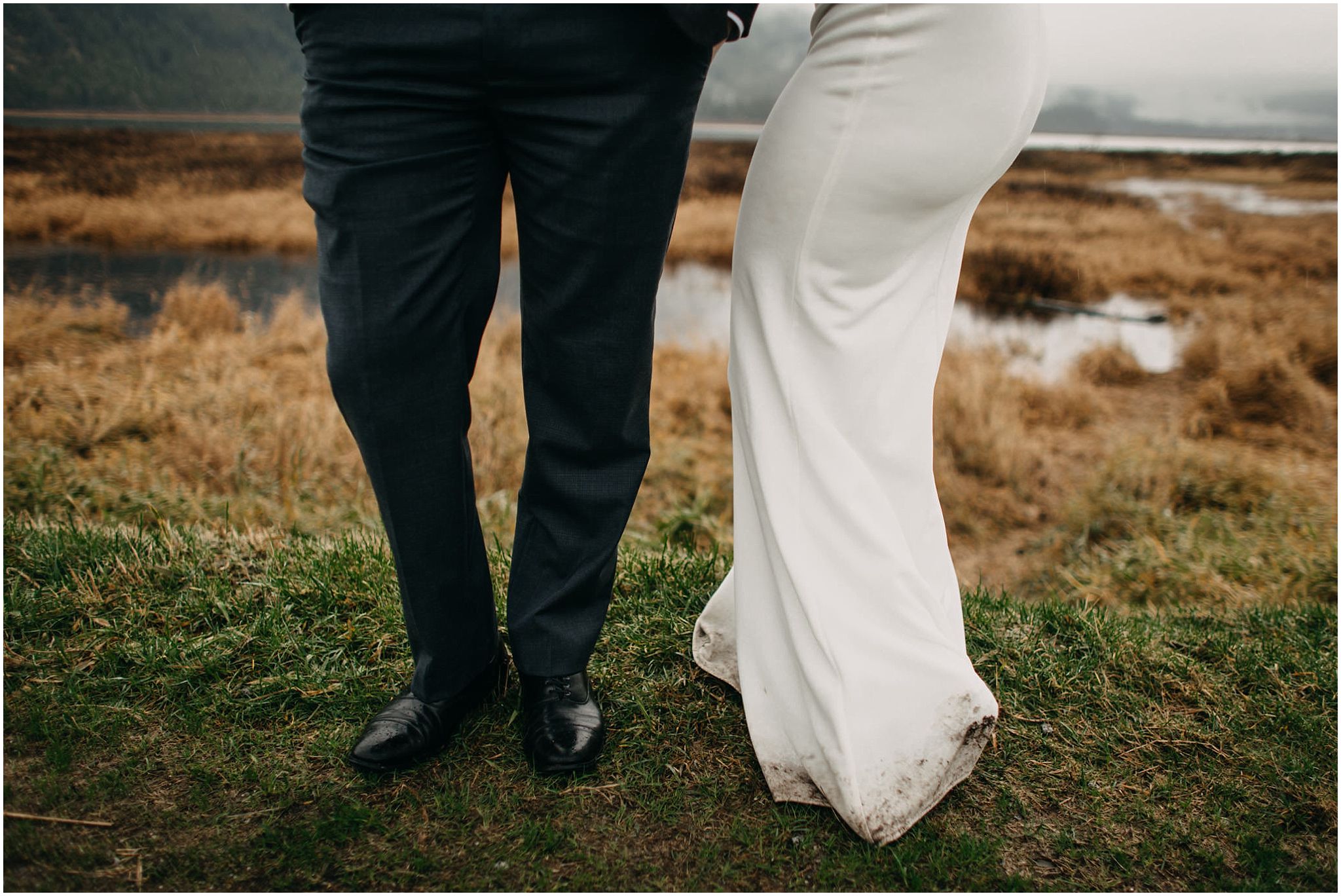 bride's dirty wedding dress grooms shoes pants pitt lake