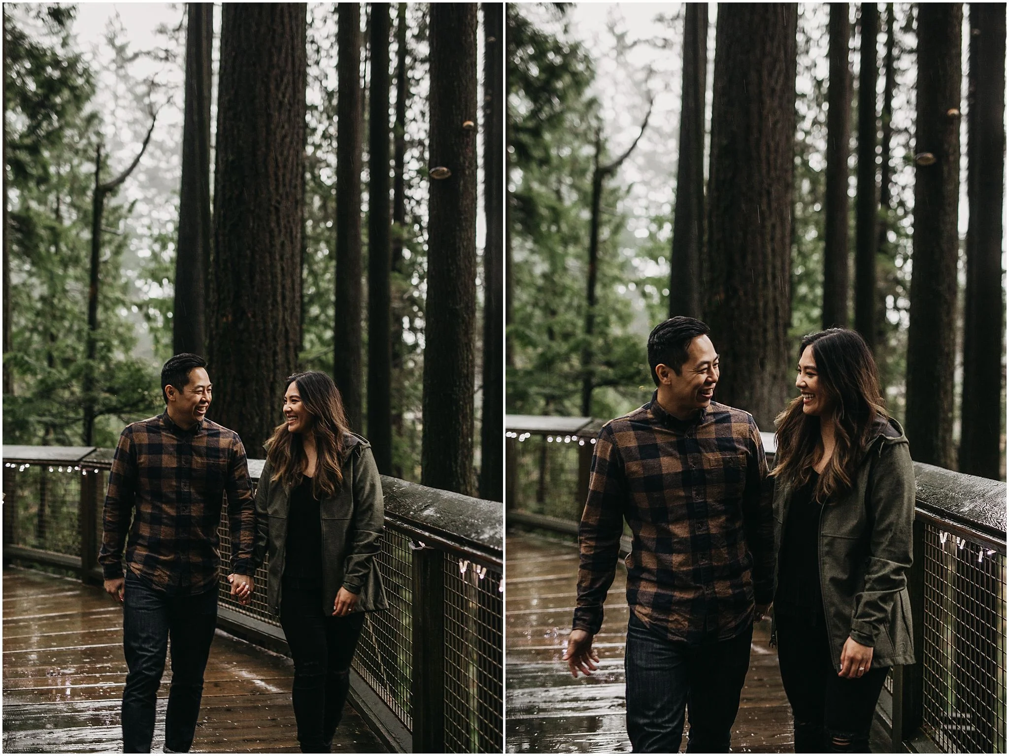 couple walking holding hands through capilano suspension bridge park engagement