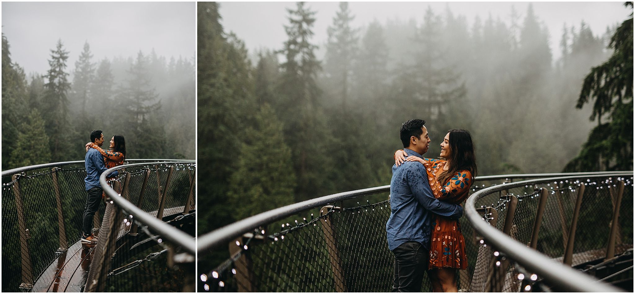 engagement couple on cliffwalk capilano suspension bridge foggy rainy day
