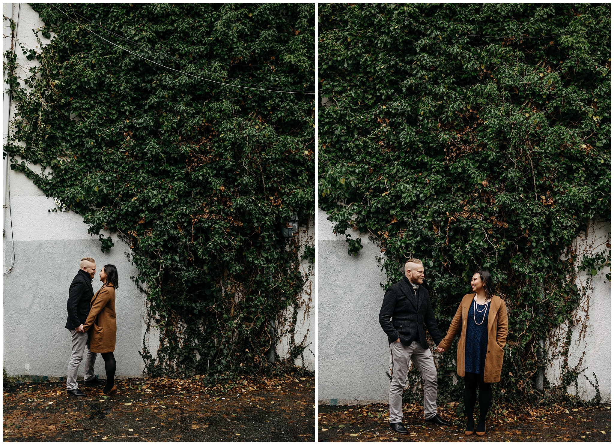 engaged couple in vancouver alley wall covered with ivy