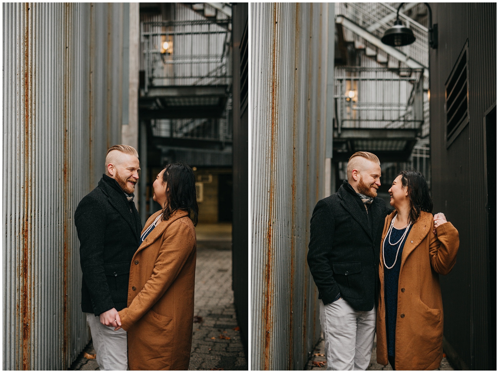 couple in industrial alley granville island vancouver engagement