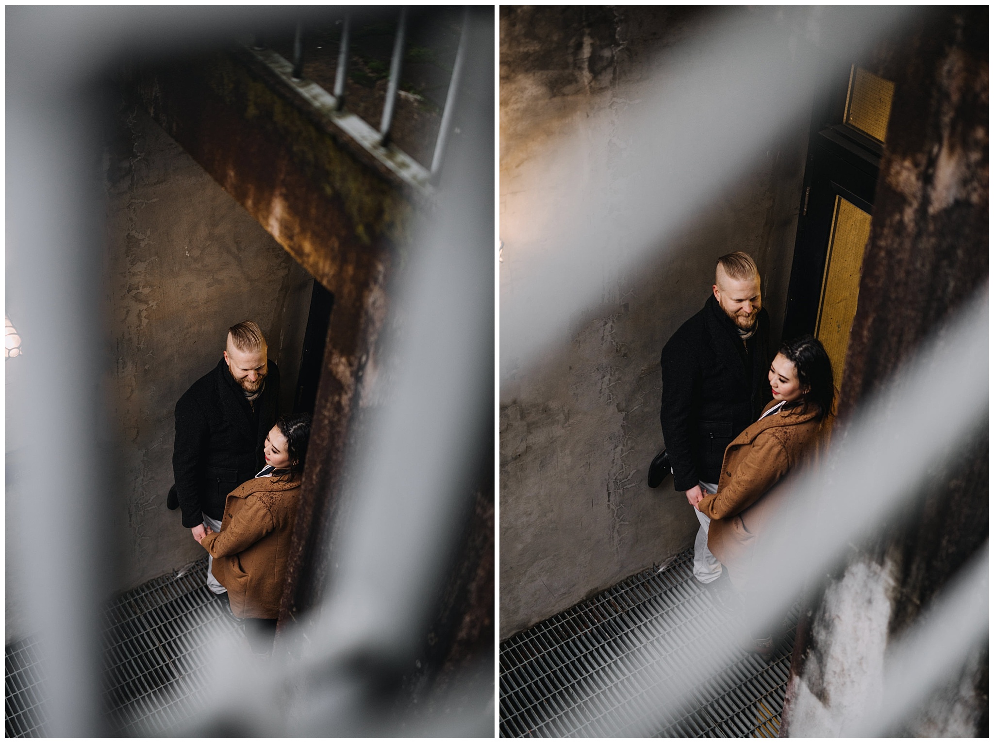 couple photographed through railings city urban engagement vancouver