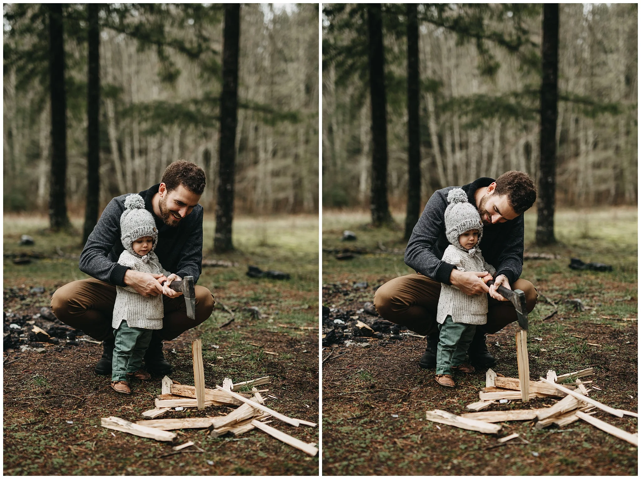 dad and son chopping firewood family session chilliwack forest