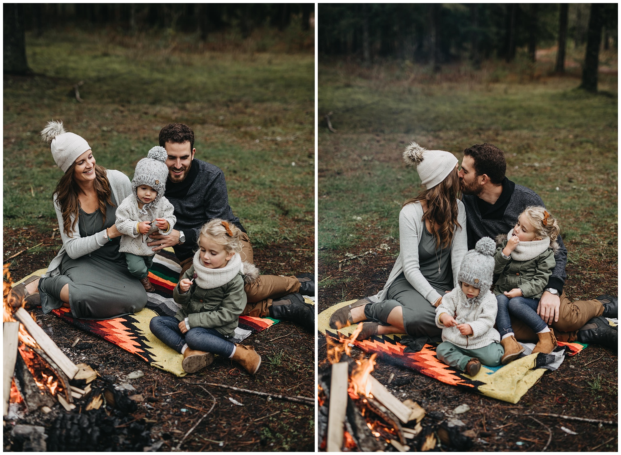 family sitting around campfire on blanket candid love chilliwack forest