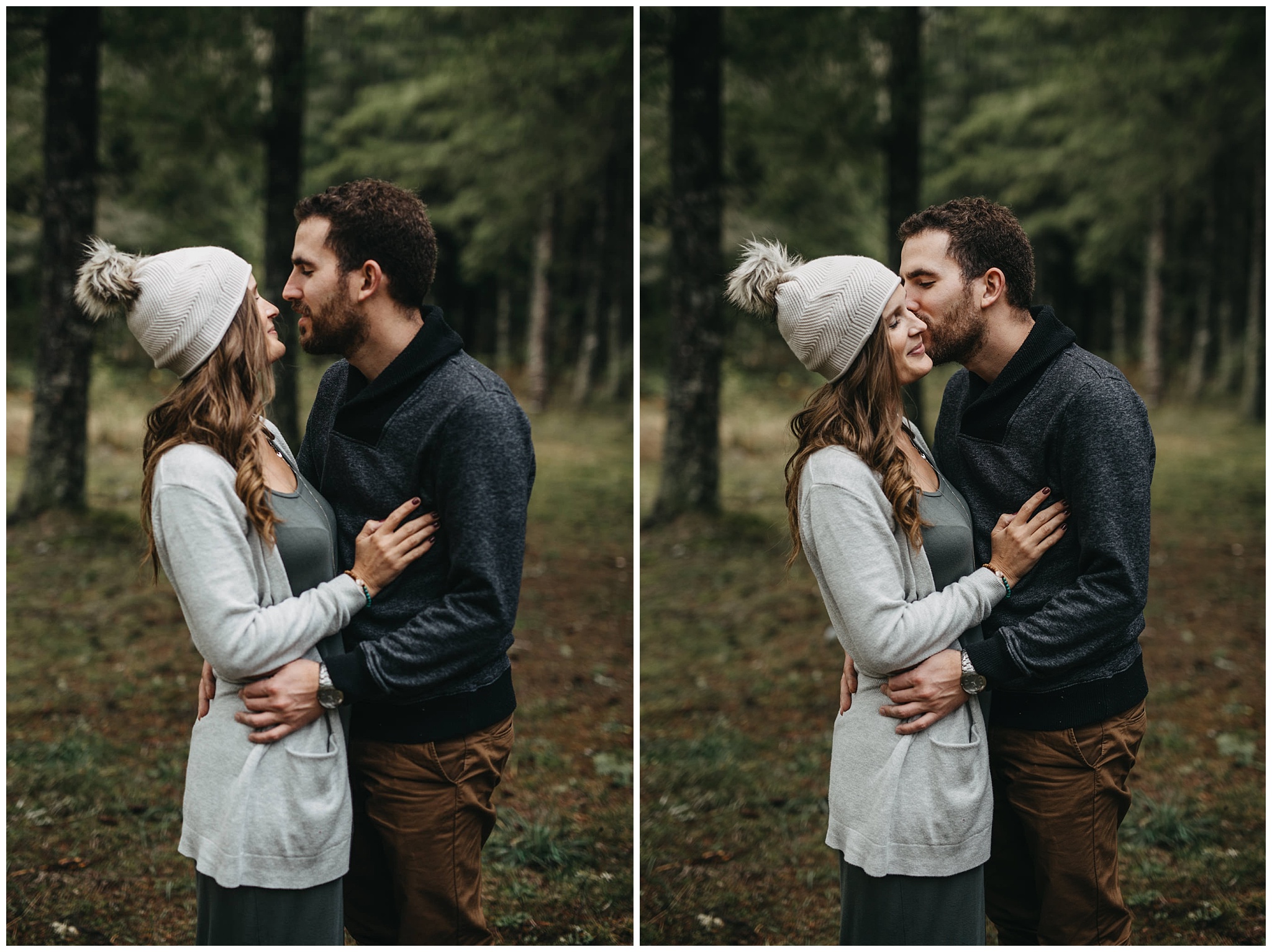 couple intimate hug kiss chilliwack forest trees