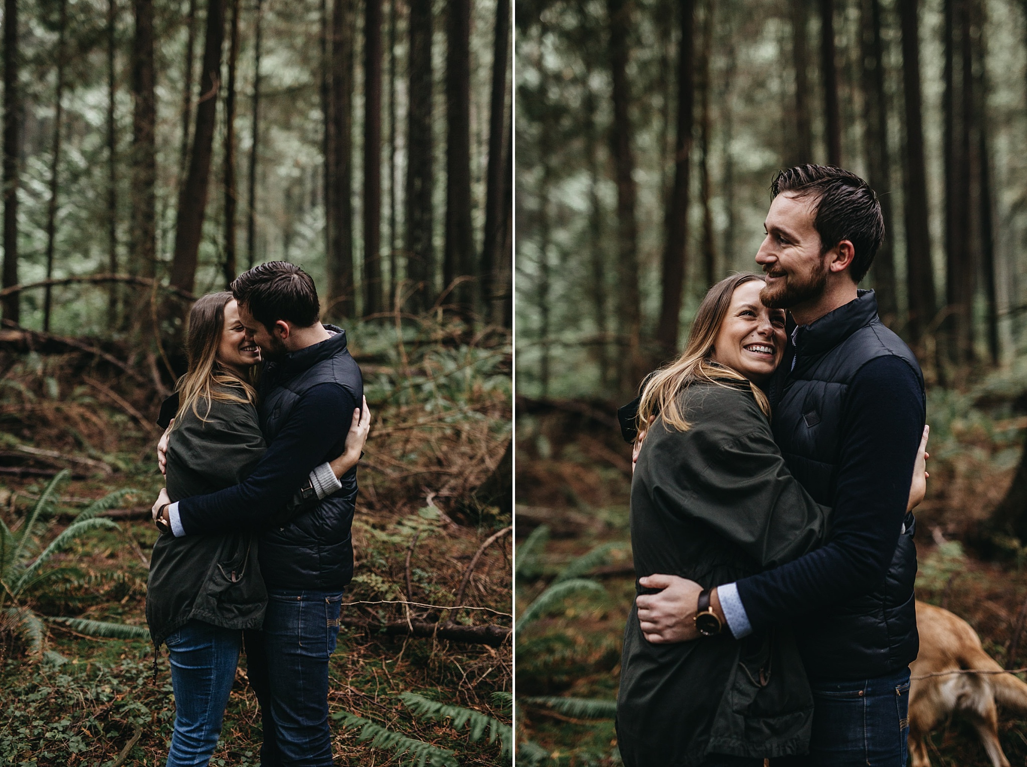 couple arms around each other engagement pacific spirit park forest