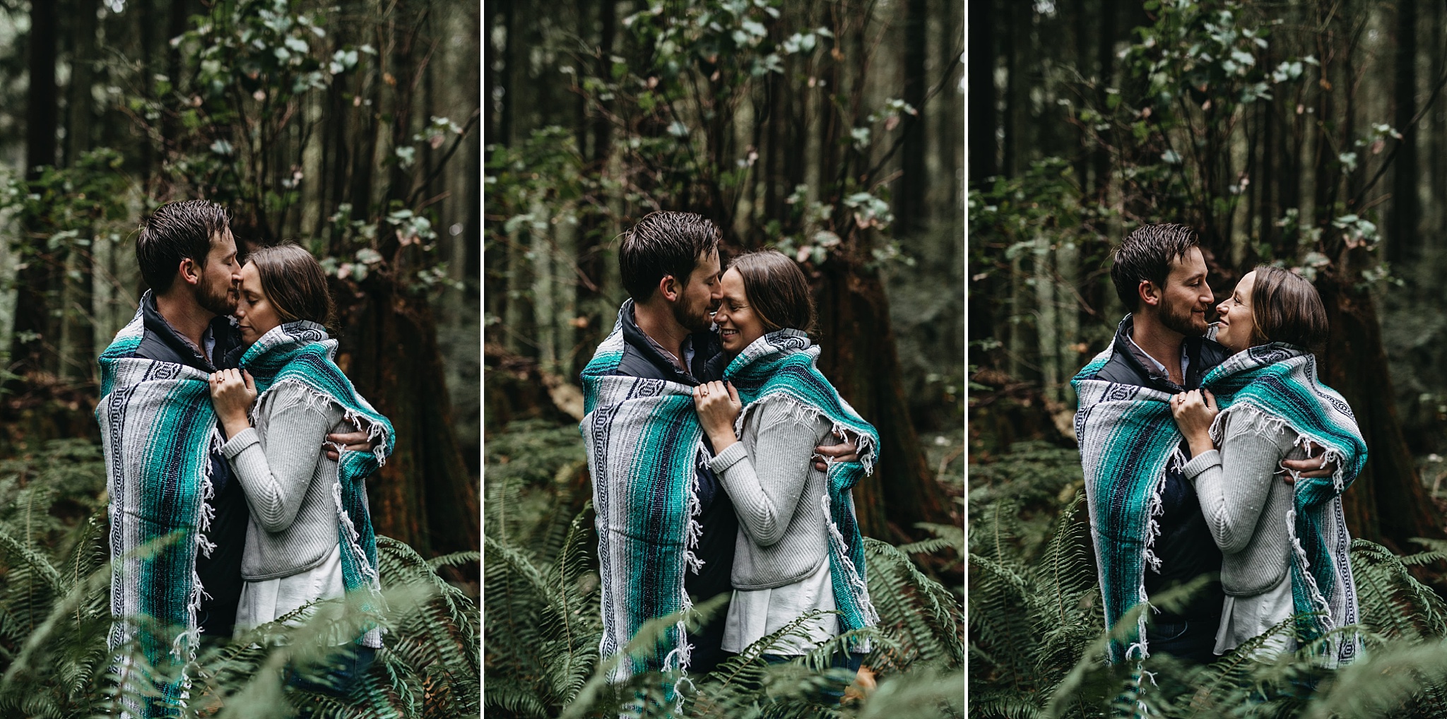 couple hug snuggle blanket forest pacific spirit park engagement