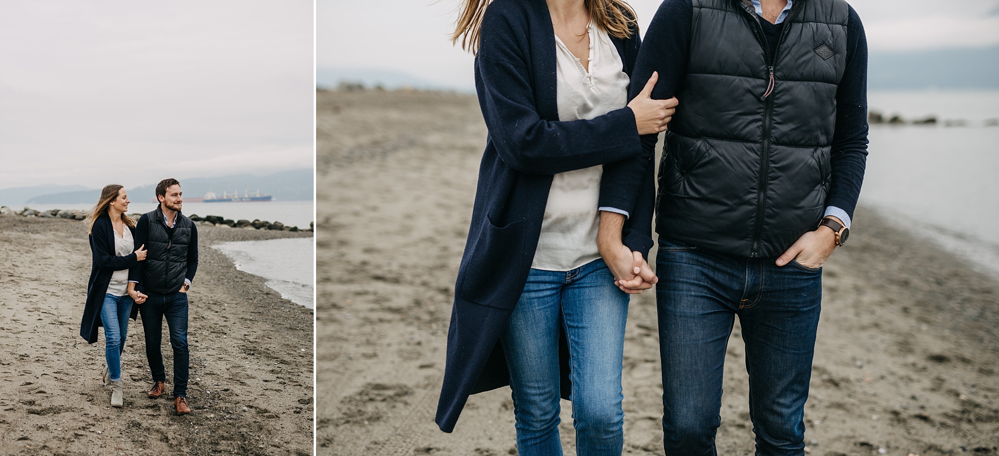 couple holding hands on beach walking spanish banks engagement