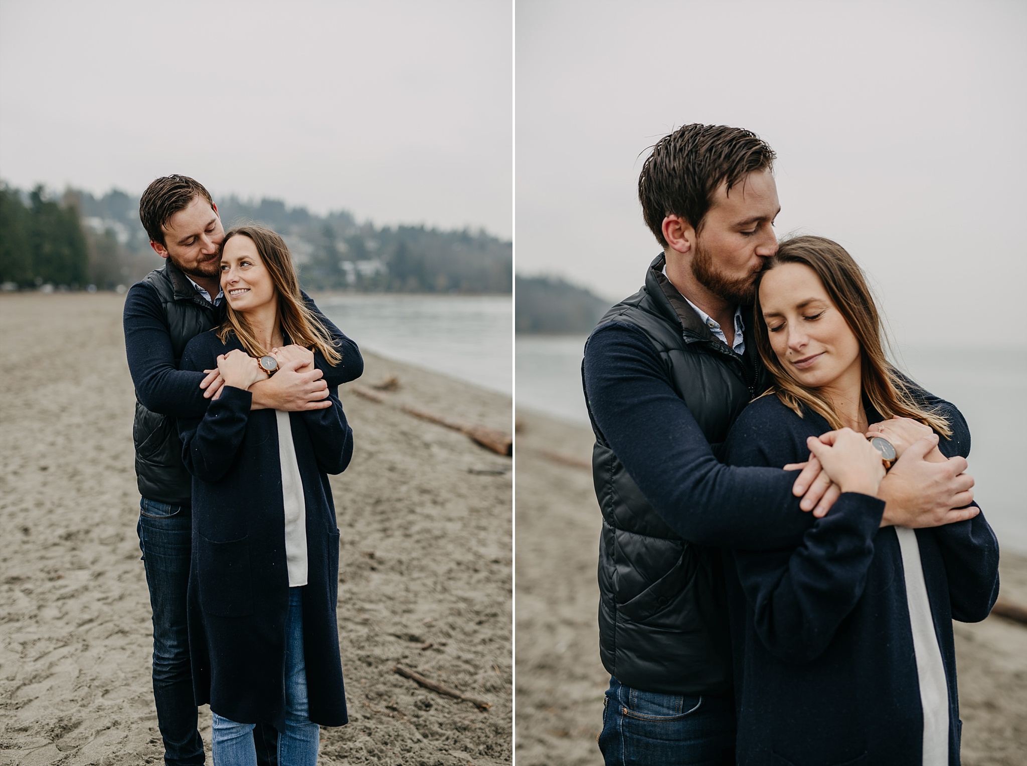 couple arms wrapped around each other spanish banks engagement beach