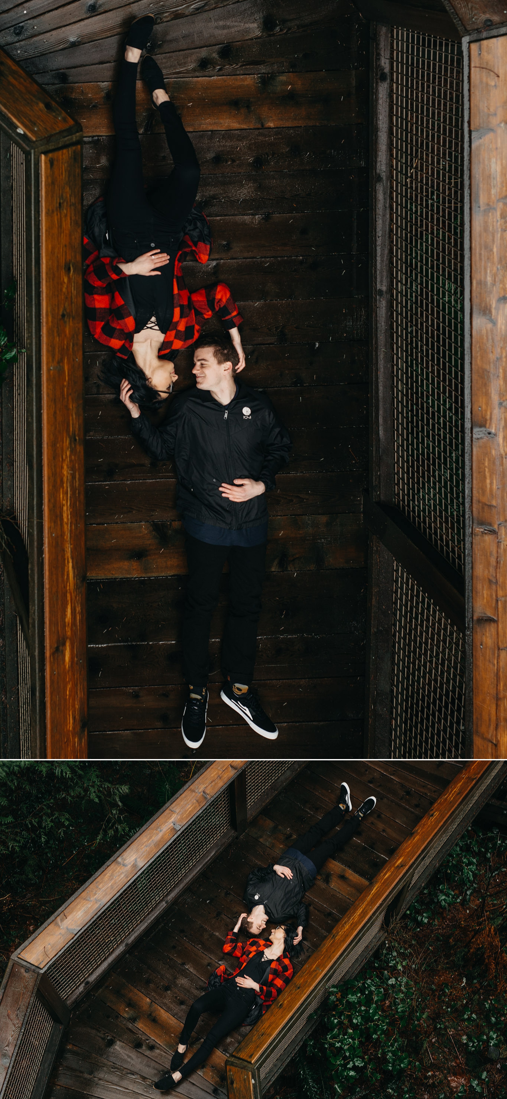 couple lying down on nature walk capilano suspension bridge engagement photos