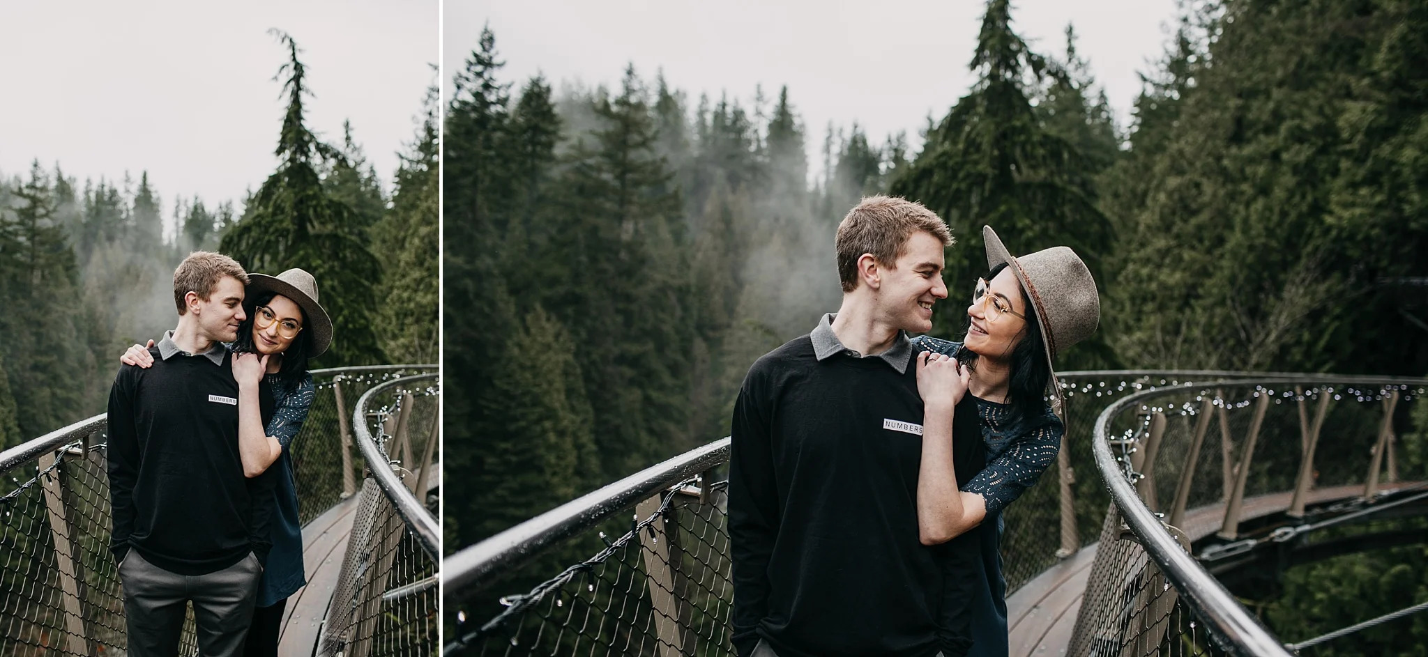 couple on cliff walk foggy trees rainy pnw capilano suspension bridge
