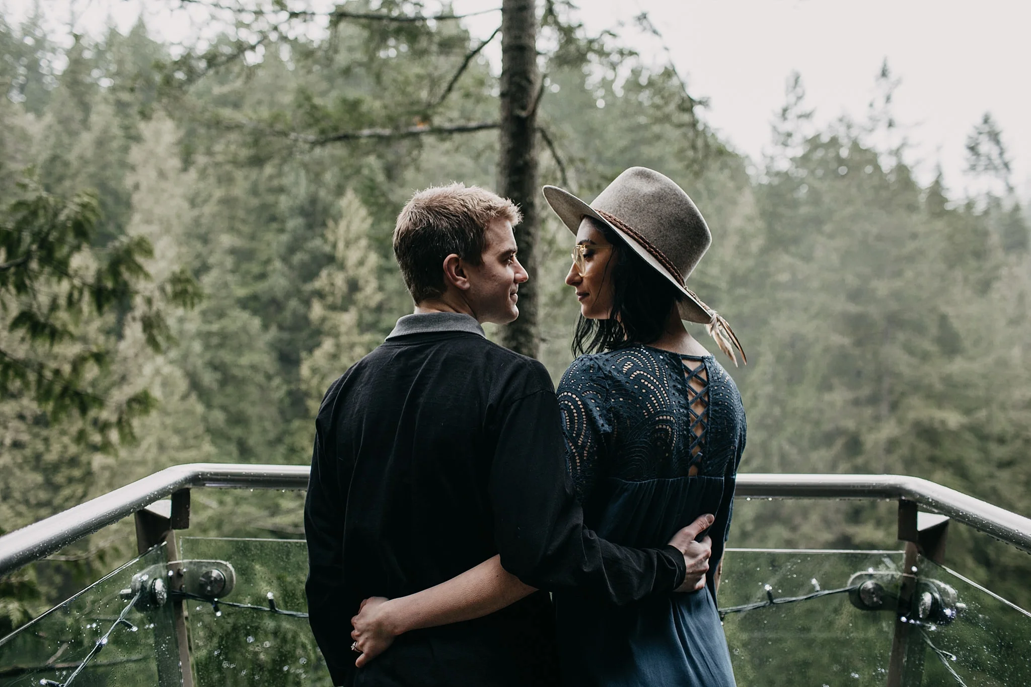 capilano suspension bridge lookout engagement photos foggy day pnw
