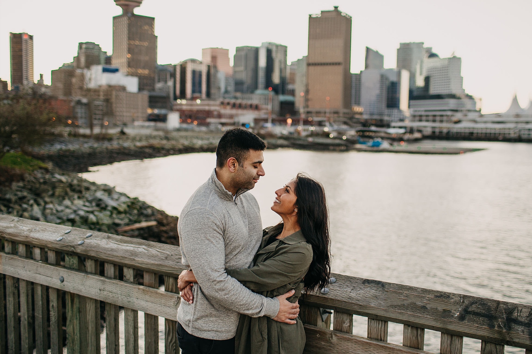 downtown vancouver waterfront engagement session couple on dock