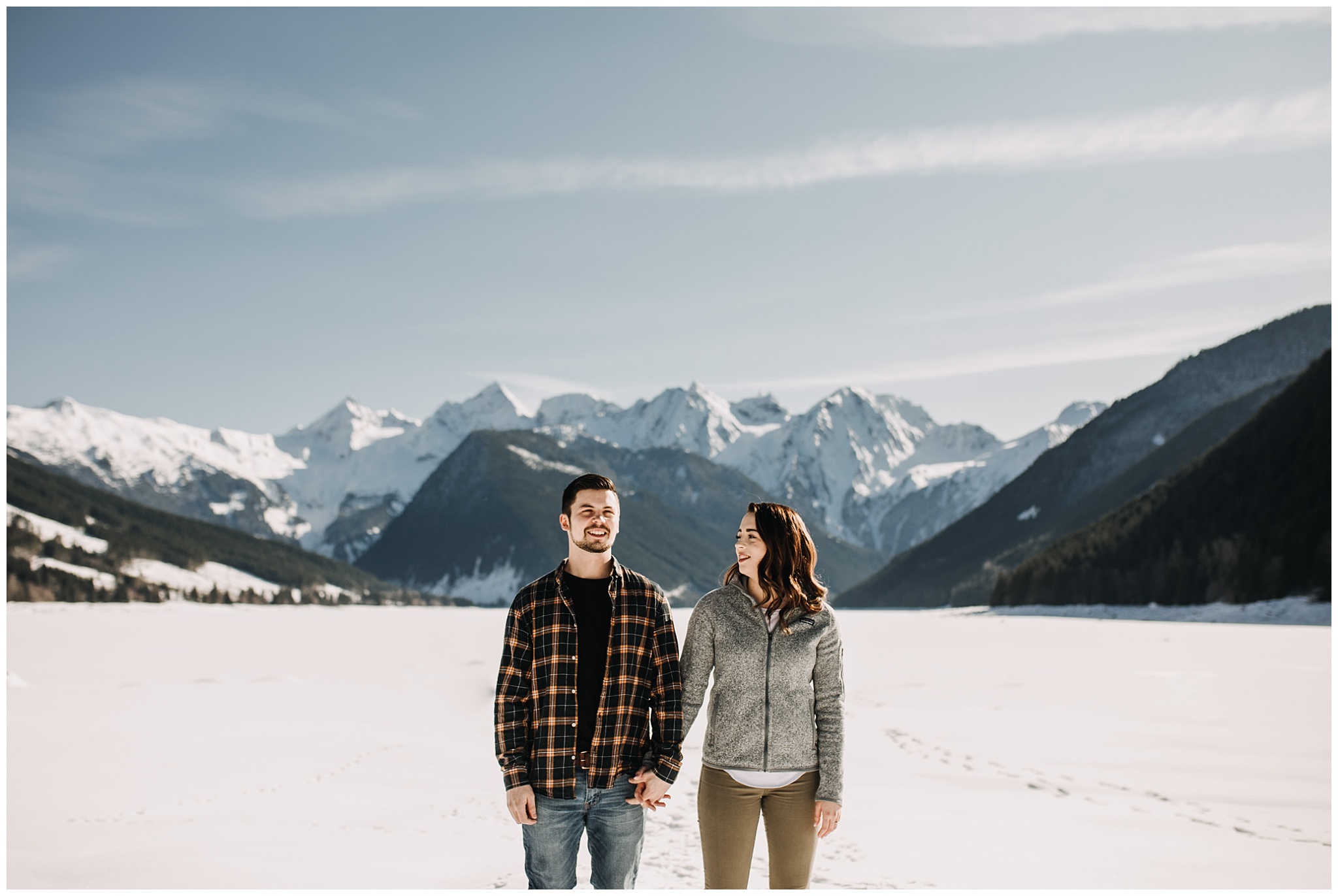 couple engagement session at jones lake chilliwack bc snow mountains