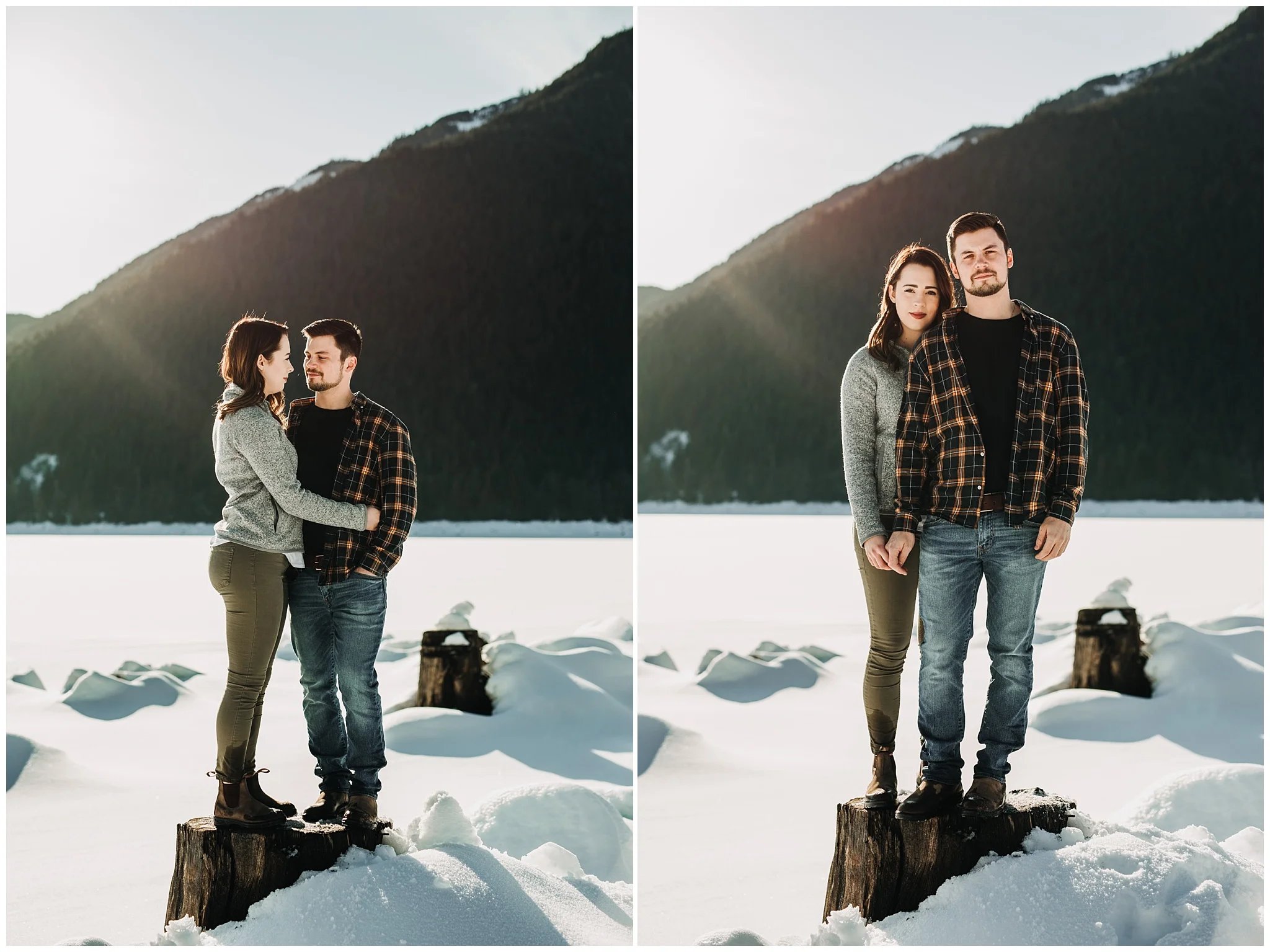 tree stump jones lake chilliwack engagement session sunny snowy