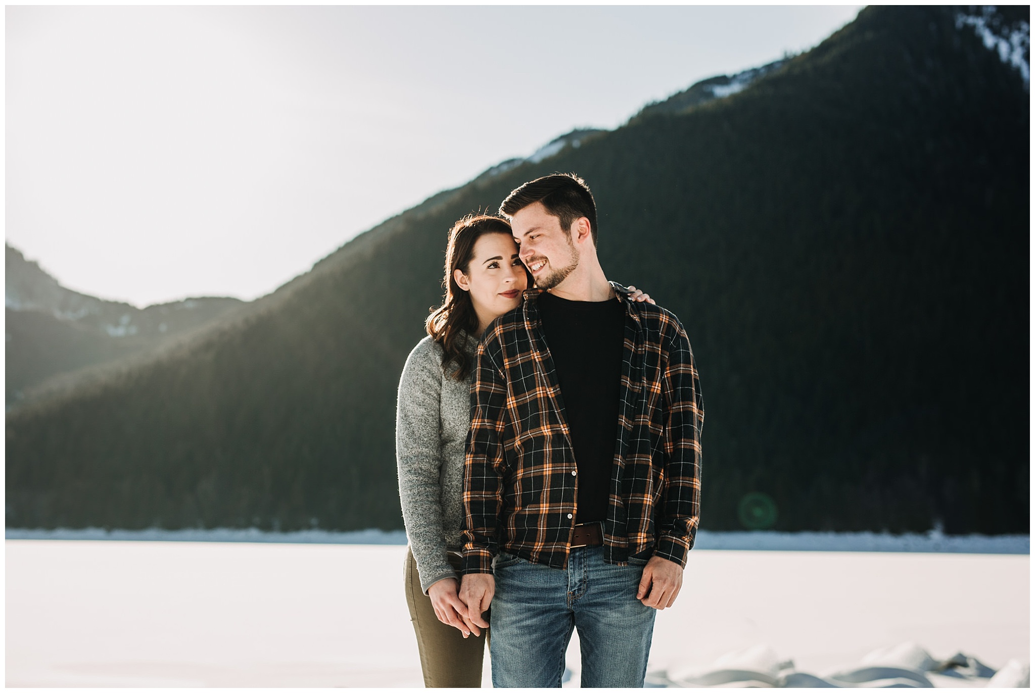 jones lake engagement session snowy sunny mountains couple romantic